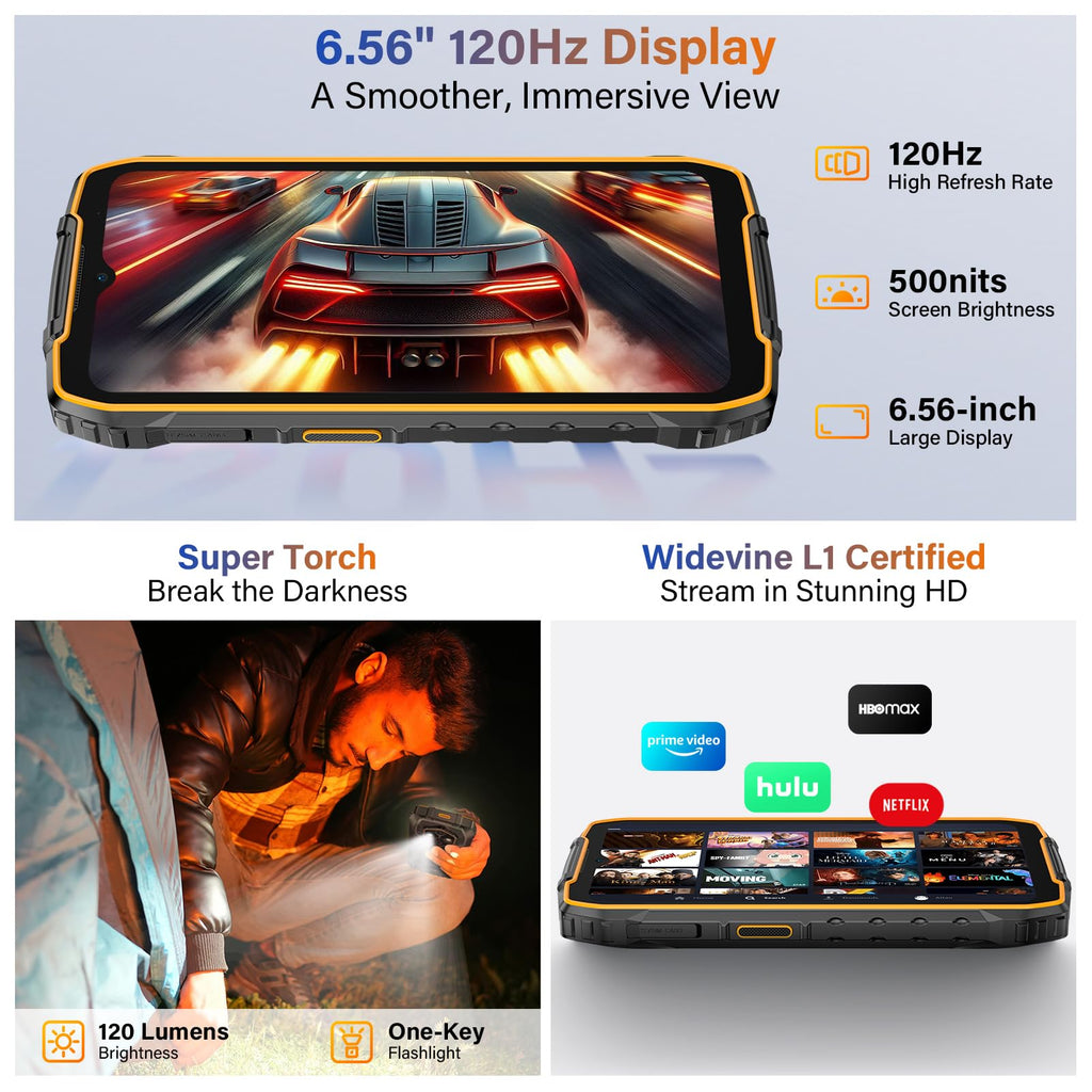 Ulefone RugKing 4 Pro Android 15 Rugged Phone, 16GB+256GB 10200mAh Battery 6.56" 120Hz Display Tough Smarthone, 48MP Main Camera, Built-in Glare Flashlight, NFC/ 4G Dual SIM/Widevine L1 - Orange