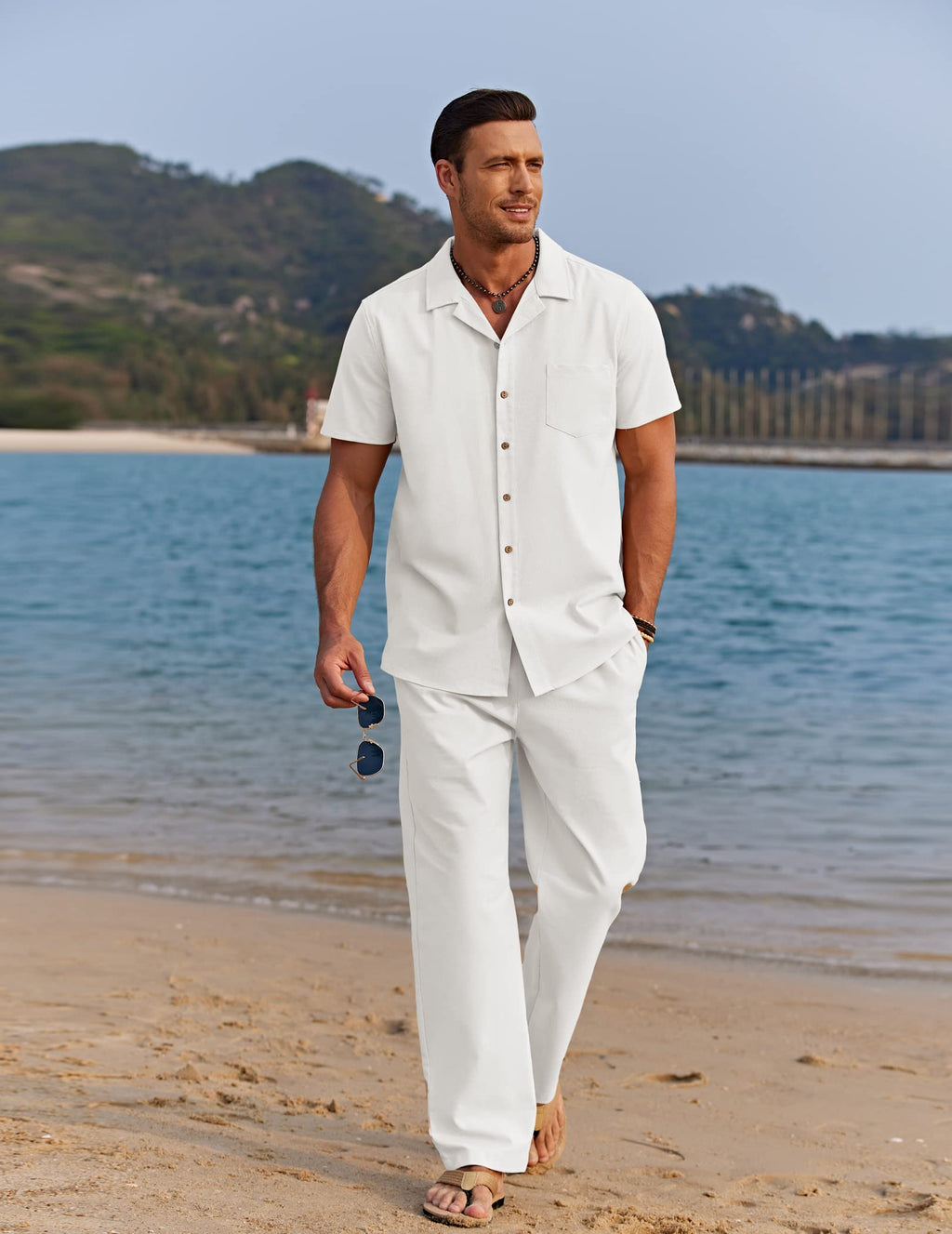 COOFANDY Men 2 Piece Linen Sets Outfits Beach Wedding Shirts and Pants Leisure Suit