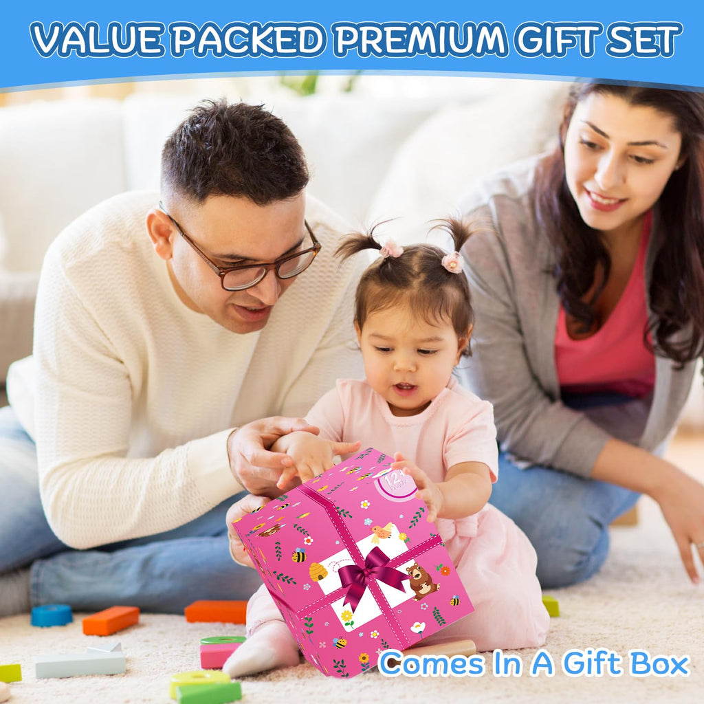 Wooden Activity Cube | Montessori Toys for 1 2 3 Year Old Toddlers | One Year Old 1st First Birthday Gift | Educational Toys for 12+ Months Baby Boys Girls | Bonus Sorting & Stacking Game (Pink)