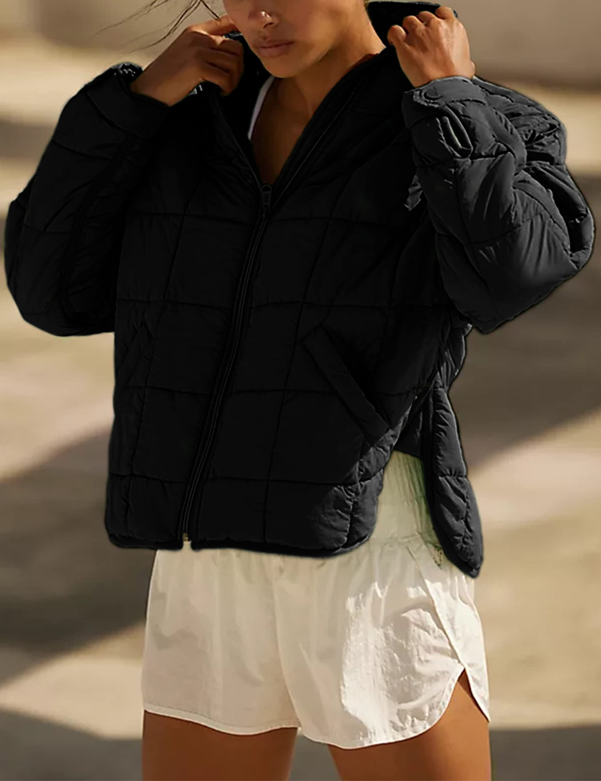 Bianstore Women's Oversized Splice Quilted Lightweight Puffer Jacket Casual Padded Coat(Black-Medium)
