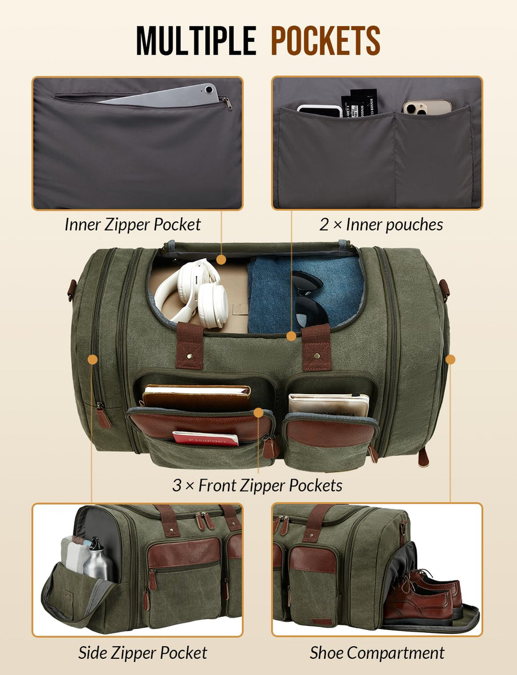 Celvetch Canvas Duffle Bag for Travel 50L Expandable Travel Duffel Bags for Men Women Overnight Weekend Gym Bag with Shoes Compartment - Army Green