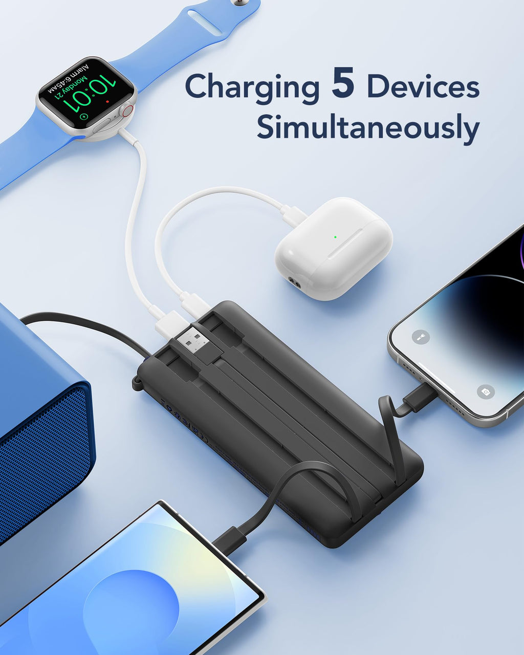 VRURC Portable Charger, Built-in 4 Cables Slim Power Bank 10000mAh, USB C Charging Bank with LED Display, Compact Travel Battery Pack for iPhone 17 16 15 14 13, Samsung, Android-Black(1 Pack)