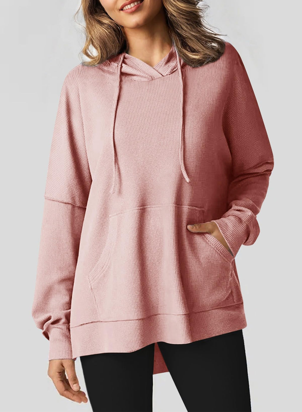 Dokotoo Womens Hoodie Casual Long Sleeve Oversized Hoodies for Women 2025 Fall Winter Clothes Outfits Waffle Knit Solid Color Drawstring Hooded Sweatshirts Tops with Pocket Pink Small
