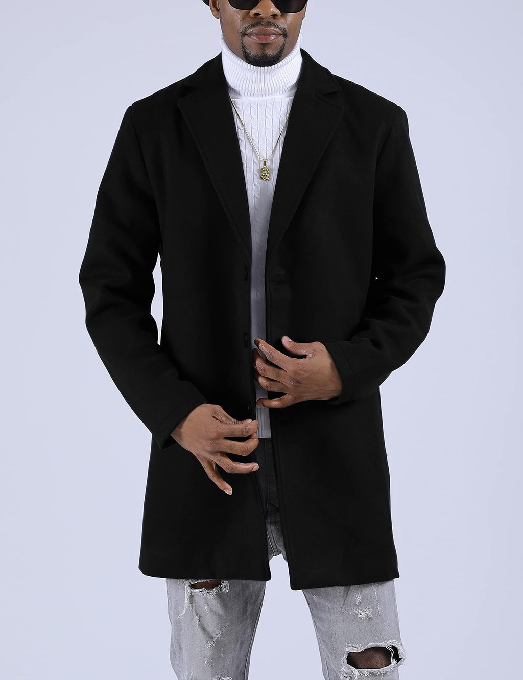 Springrain Men's Wool Blend Pea Coat Notched Collar Single Breasted Overcoat Warm Winter Trench Coat(Black-S)