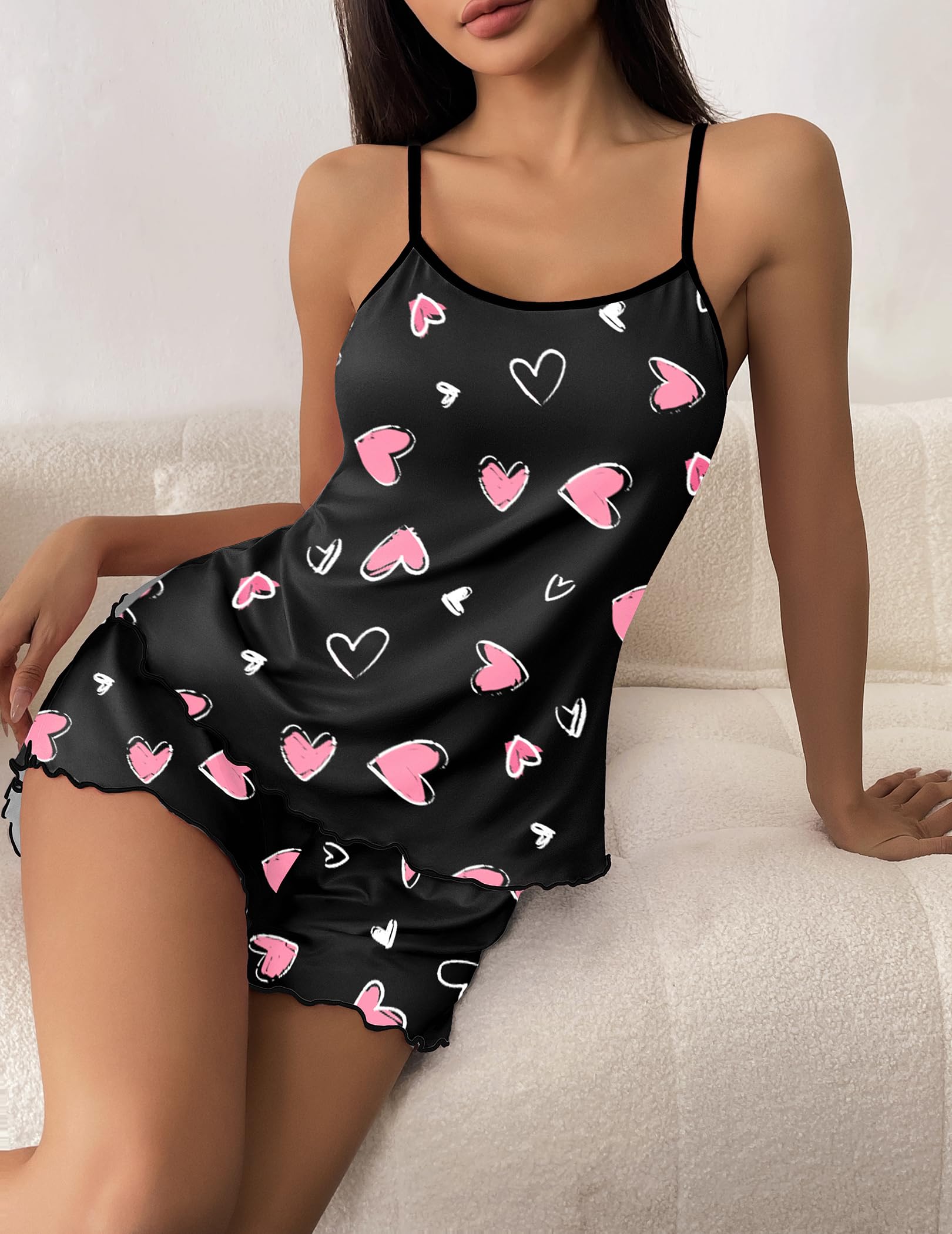 Ekouaer Womens Cami Pajama Sets 2 Piece Cute Print Pjs Soft Tank Top & Elastic Waist Shorts Camisole Lounge Set Pink Heart M