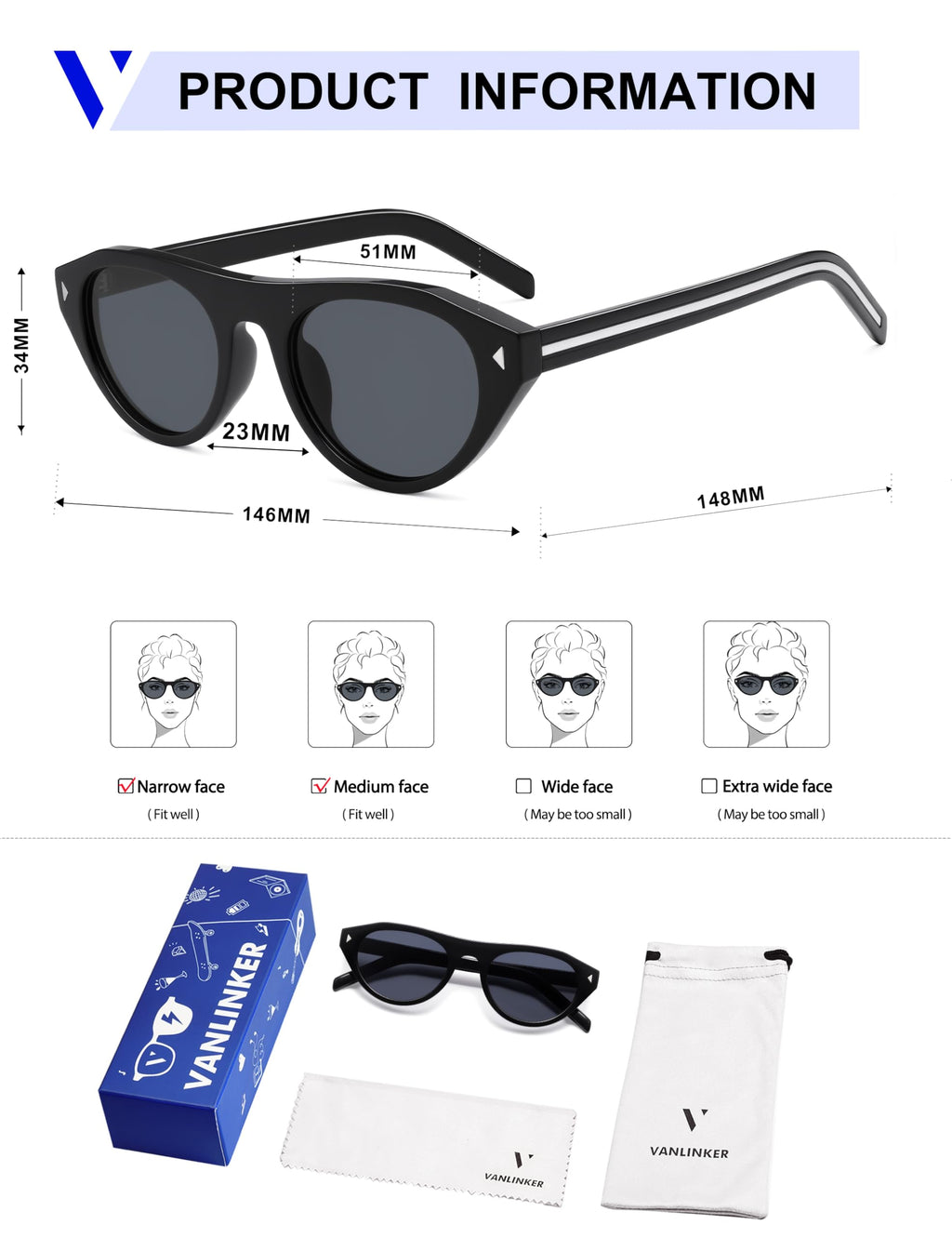 VANLINKER Retro Small Oval Sunglasses for Women Men Trendy Narrow Round Cateye Shades VL9915,Black