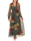 ANRABESS Women's Floral Maxi Dress 2025 Fall V Neck Puff Long Sleeve Flowy Casual Wedding Guest Tea Party Tulle Dresses Red and Yellow Rose M
