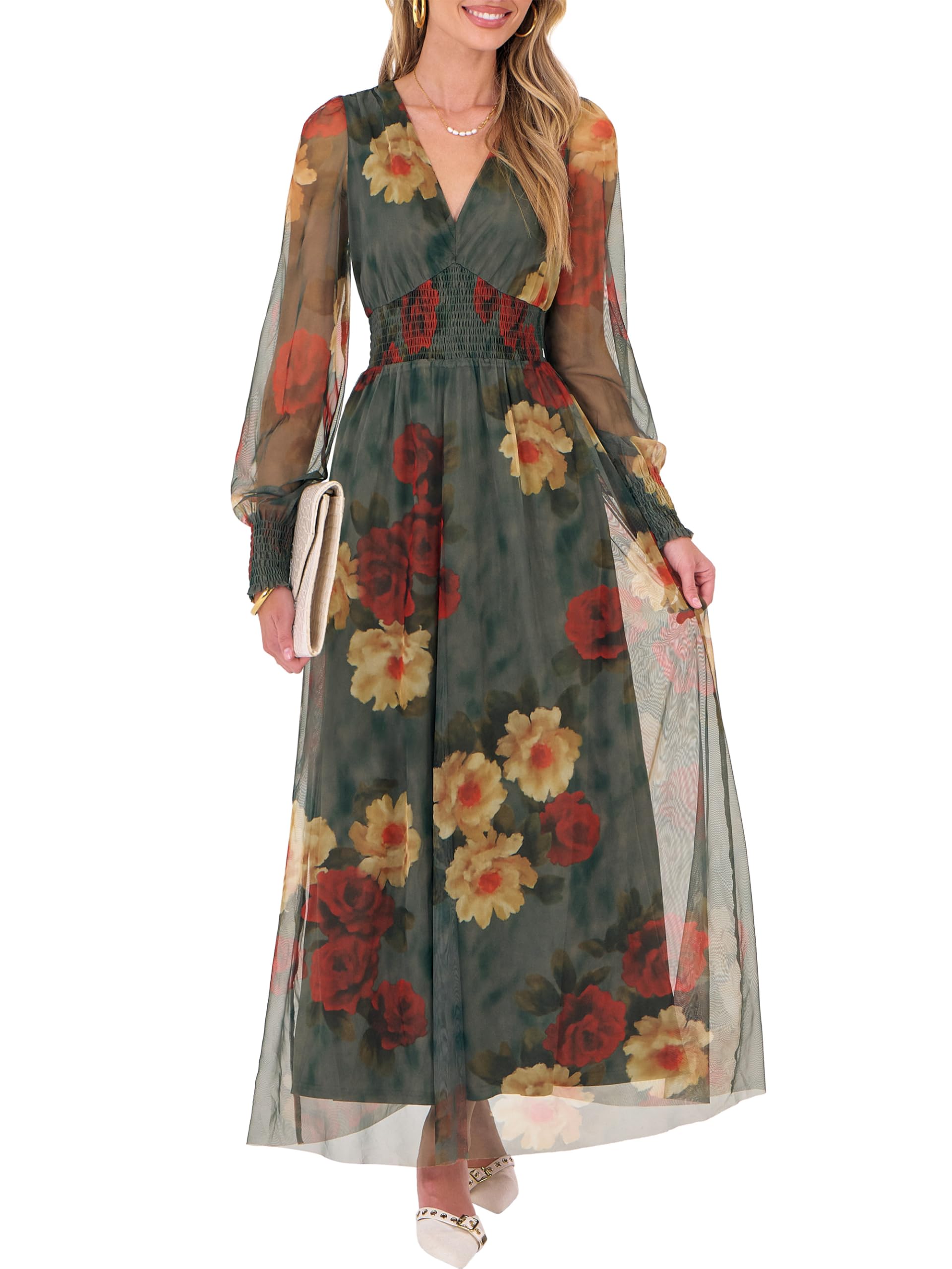 ANRABESS Women's Floral Maxi Dress 2025 Fall V Neck Puff Long Sleeve Flowy Casual Wedding Guest Tea Party Tulle Dresses Red and Yellow Rose M