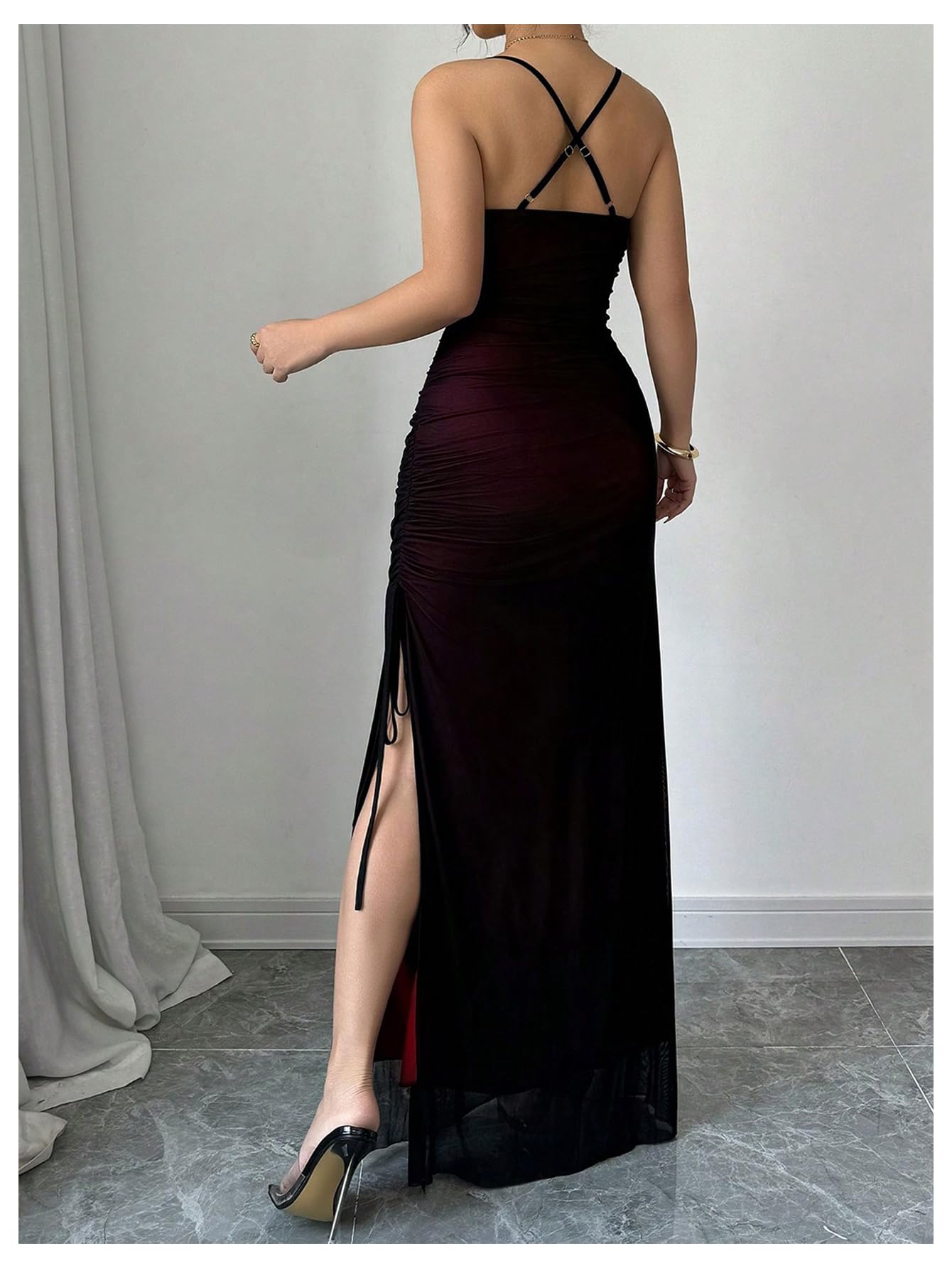GORGLITTER Women's Mesh Maxi Dress Backless Wedding Guest Dress Ruched Drawstring Bodycon Cami Party Cocktail Dresses Purple Small
