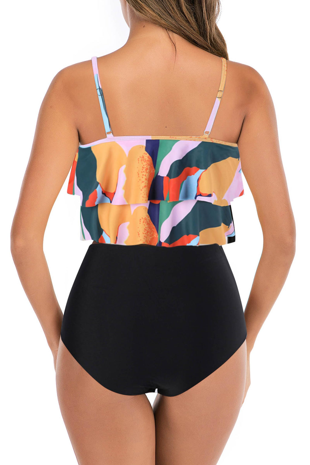 Womens High Waisted Bathing Suits Flounce Halter Tank Top Bikini Bottoms Tummy Control Modest Swimwear Two Piece Swimsuits Tankini Colorful Print L