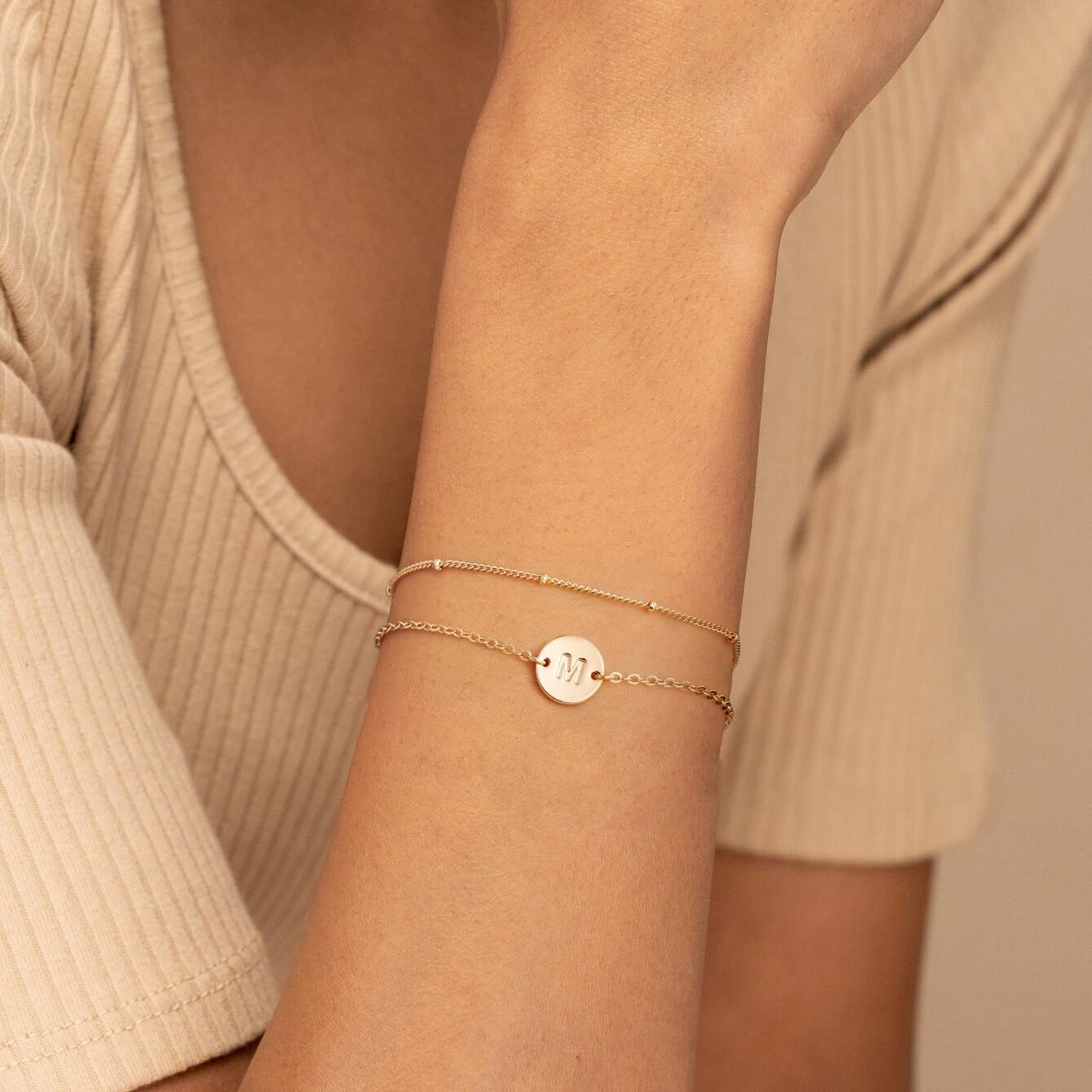 MONOZO Gold Initial Bracelets for Women Birthday Gifts, 18K Gold Plated Layered Letter Initial Bracelet Jewelry Dainty Disc Letter K Initial Charm Bracelets for Women Birthday Jewelry Gifts