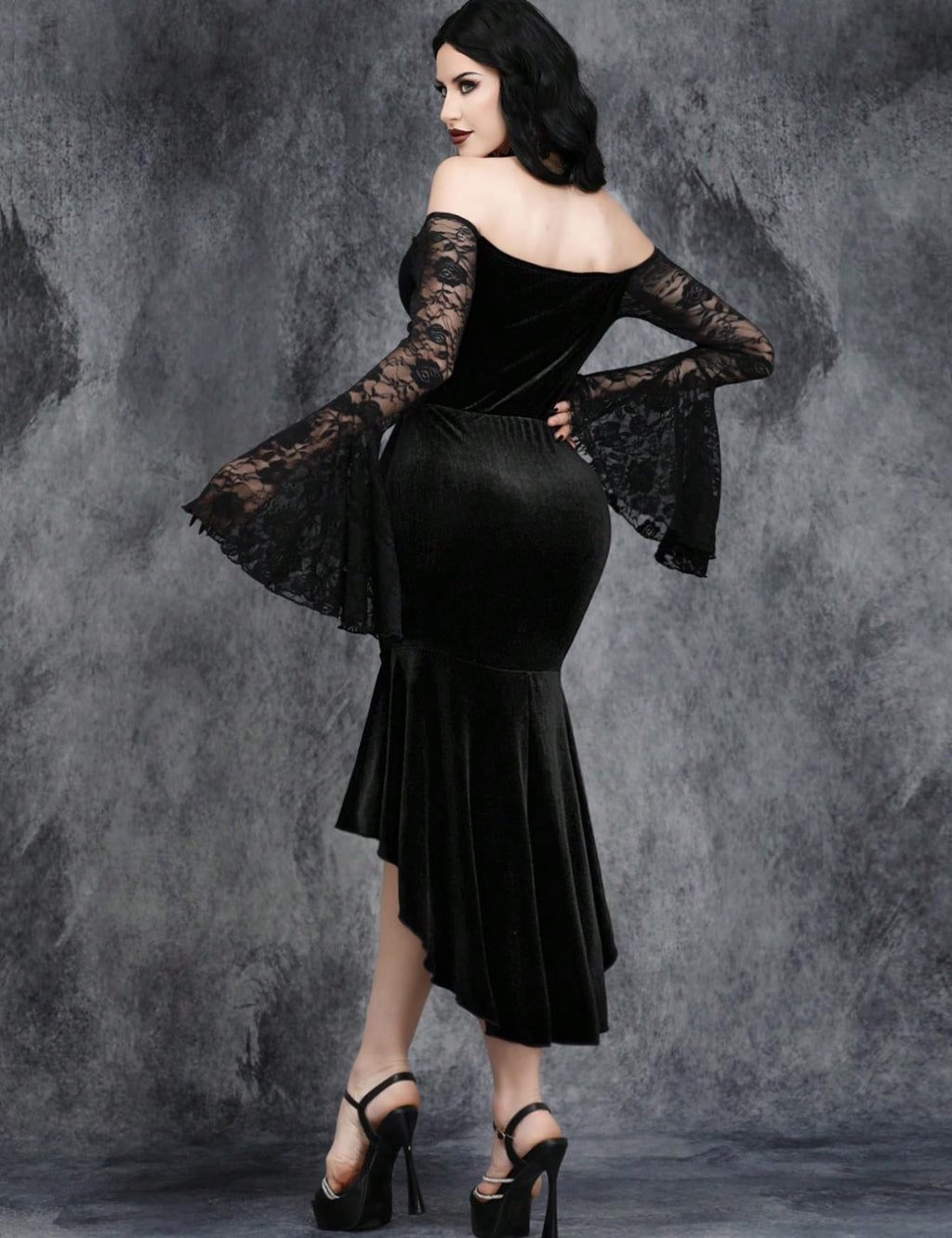 InGoticos Women Gothic Sexy Off Shoulder Flared Sleeves Lace Trim Patchwork Elegant Dress Without Choker Black