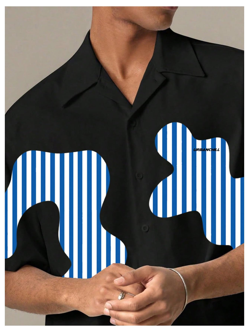GORGLITTER Men's Boxy Cropped Shirt Button Down Short Sleeve Color Block Y2K Cool Streetwear Crop Tops Tee Black and Blue Small