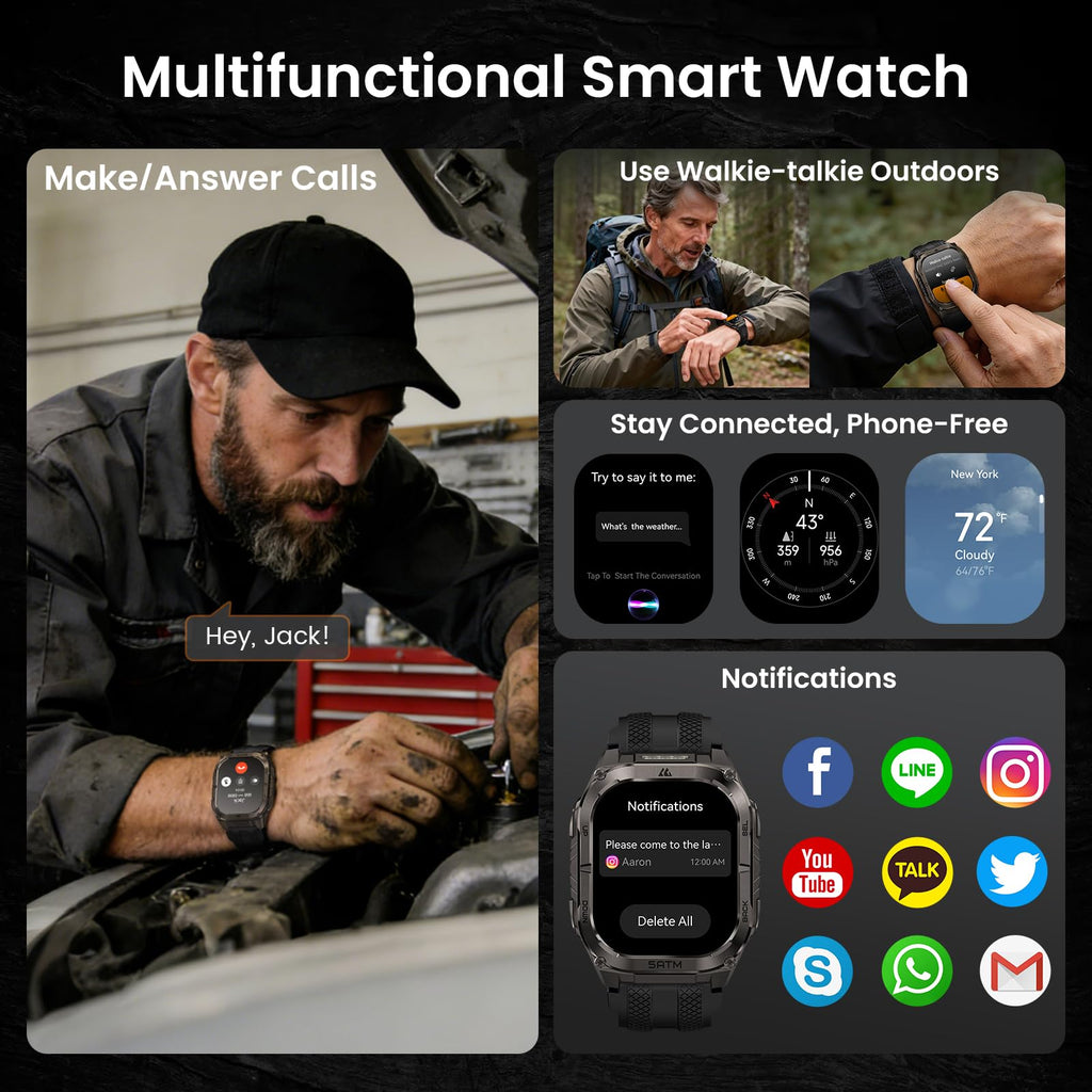 KOSPET Tank M4C Outdoor Smart Watch with GPS, 1.96" AMOLED Display, Built-in LED Flashlight & Walkie-Talkie, Long Battery Life, 50m Waterproof, Bluetooth Calls, 24/7 Heart Rate/Sleep Monitor