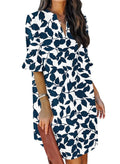 QACOHU Women's Ruffle Dresses Short Sleeve V-Neck Straight Casual Elegant Boho Simple Tunic Dress Blue White Leaf L
