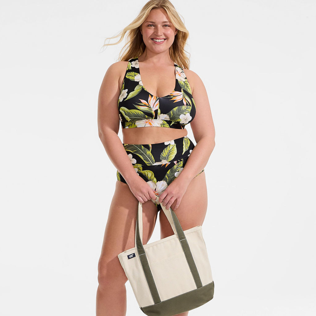 Lands' End Women's V-Neck Bikini and High Waisted Bottom Swimsuit Set X-Small Hibiscus Floral/Black