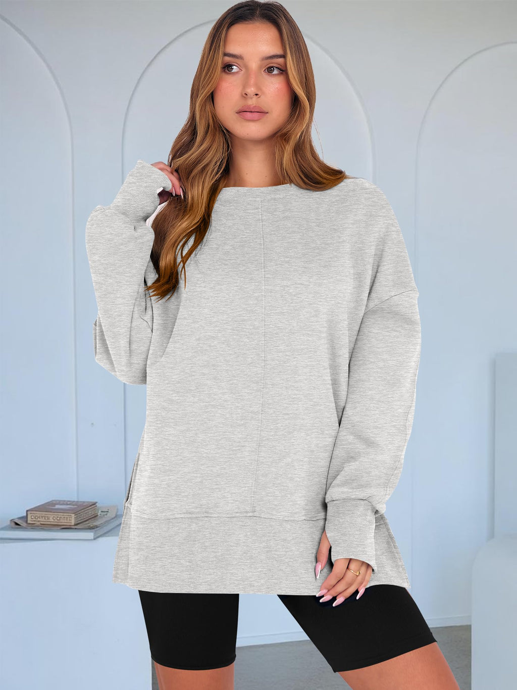 ANRABESS Women Oversized Sweatshirts Thumbhole Long Sleeve Hoodies Shirts 2025 Fall Side Slit Pullover Top Teen Y2k Outfits Grey Small