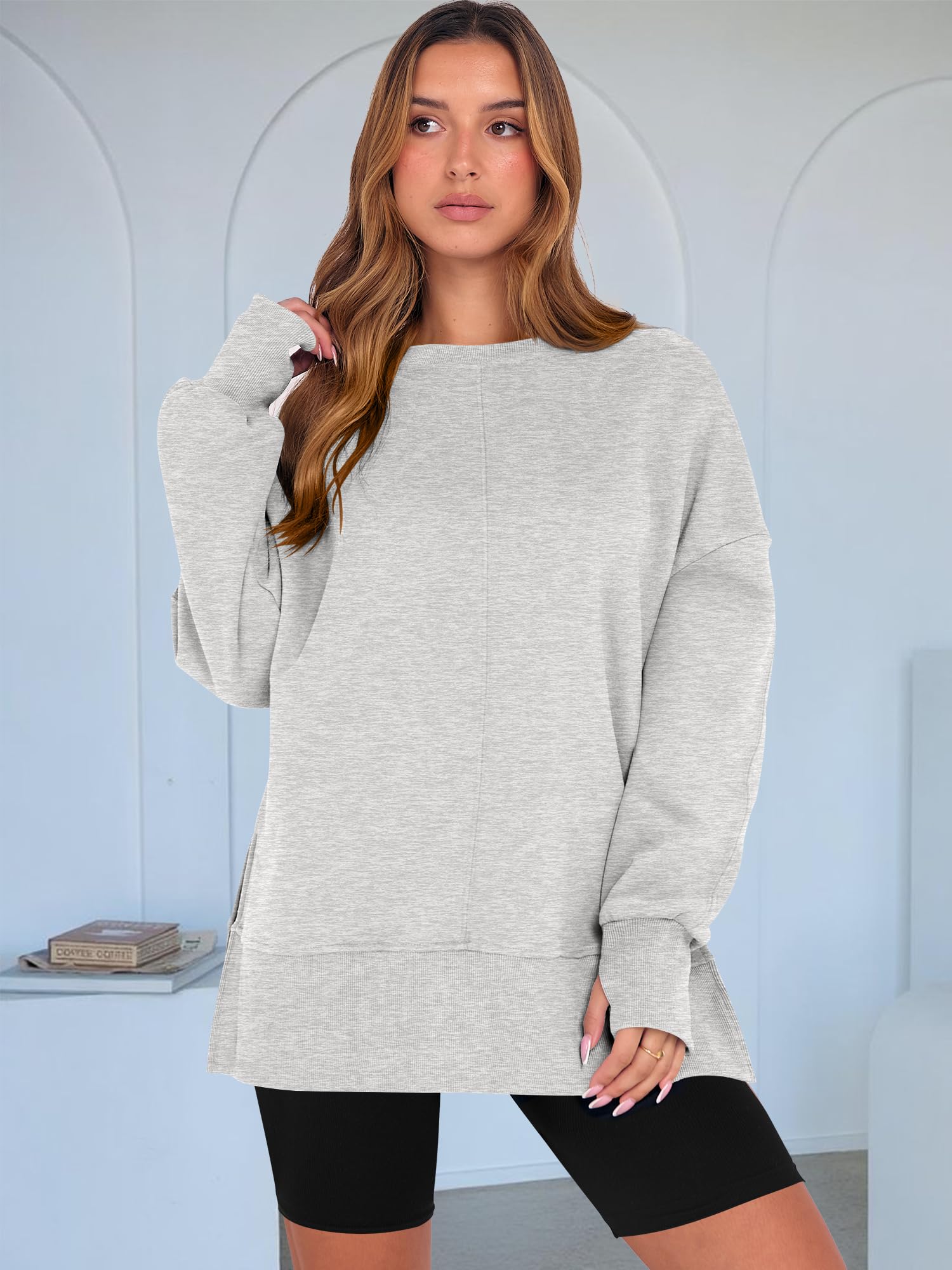 ANRABESS Women Oversized Sweatshirts Thumbhole Long Sleeve Hoodies Shirts 2025 Fall Side Slit Pullover Top Teen Y2k Outfits Grey X-Large