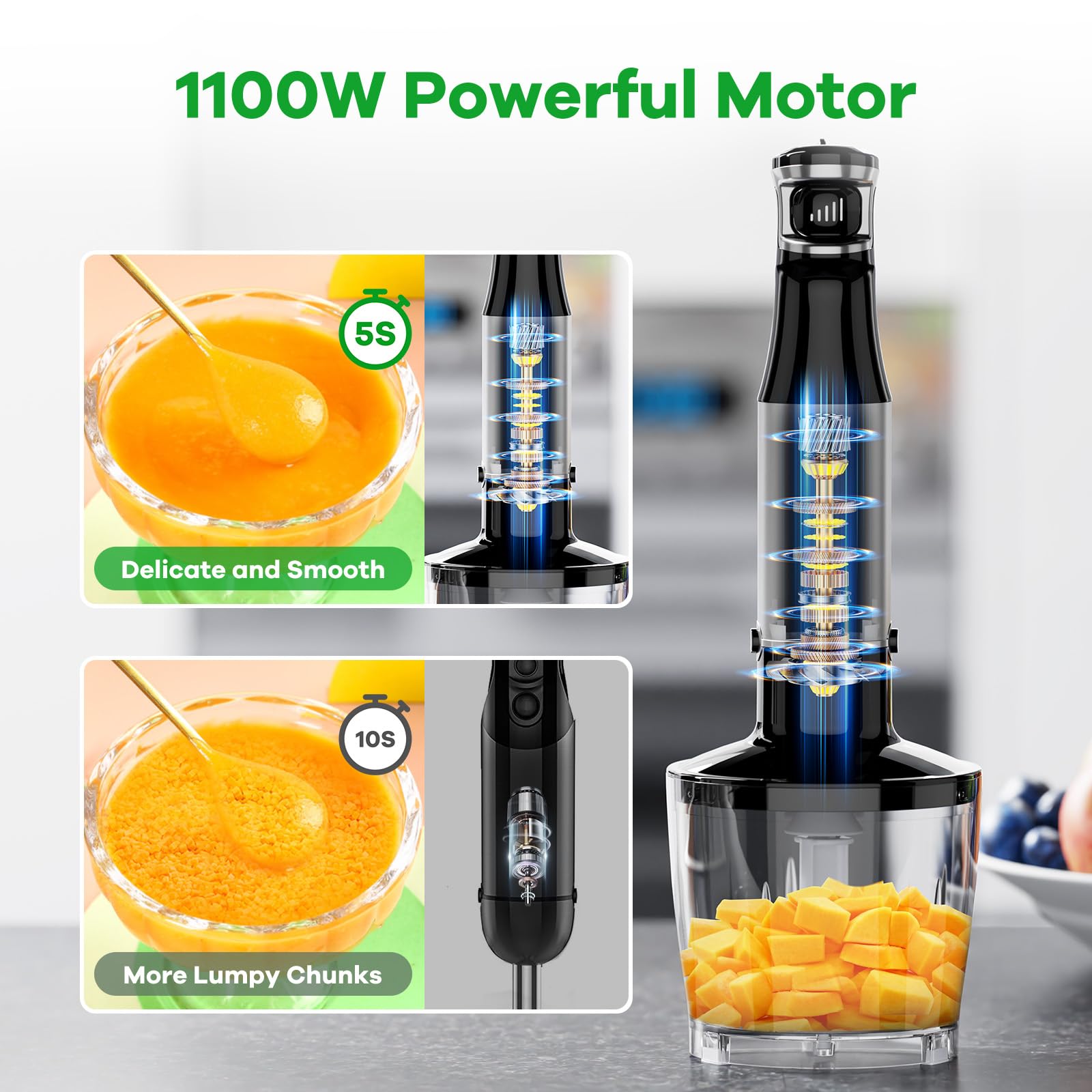 Immersion Blender Handheld Corded Hand Blenders Set 1100W, Trigger Variable Speed 5 in 1 Stick Emulsifier with Chopper, Whisk and Frother for Soup, Baby Food and Smoothies
