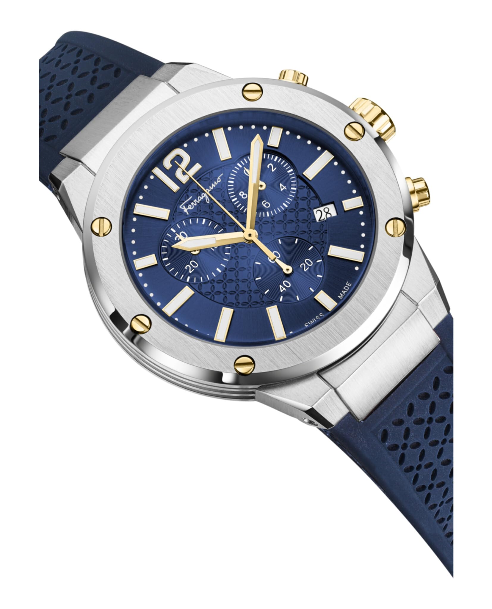 Ferragamo F-80 Chrono Collection Luxury Mens Watch Timepieces with a Black Strap Featuring a Stainless Steel Case and a Blue Dial