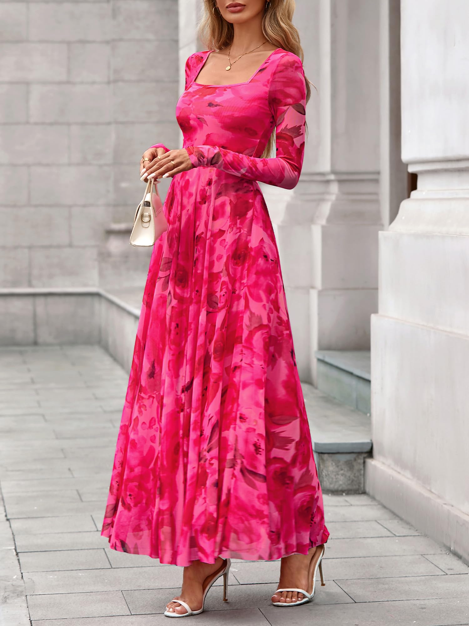 BTFBM Women Maxi Dress Fall 2026 Fashion Elegant Long Sleeve Square Neck Floral Print Party Club Wedding Guest Dresses(Floral Pink,Small)