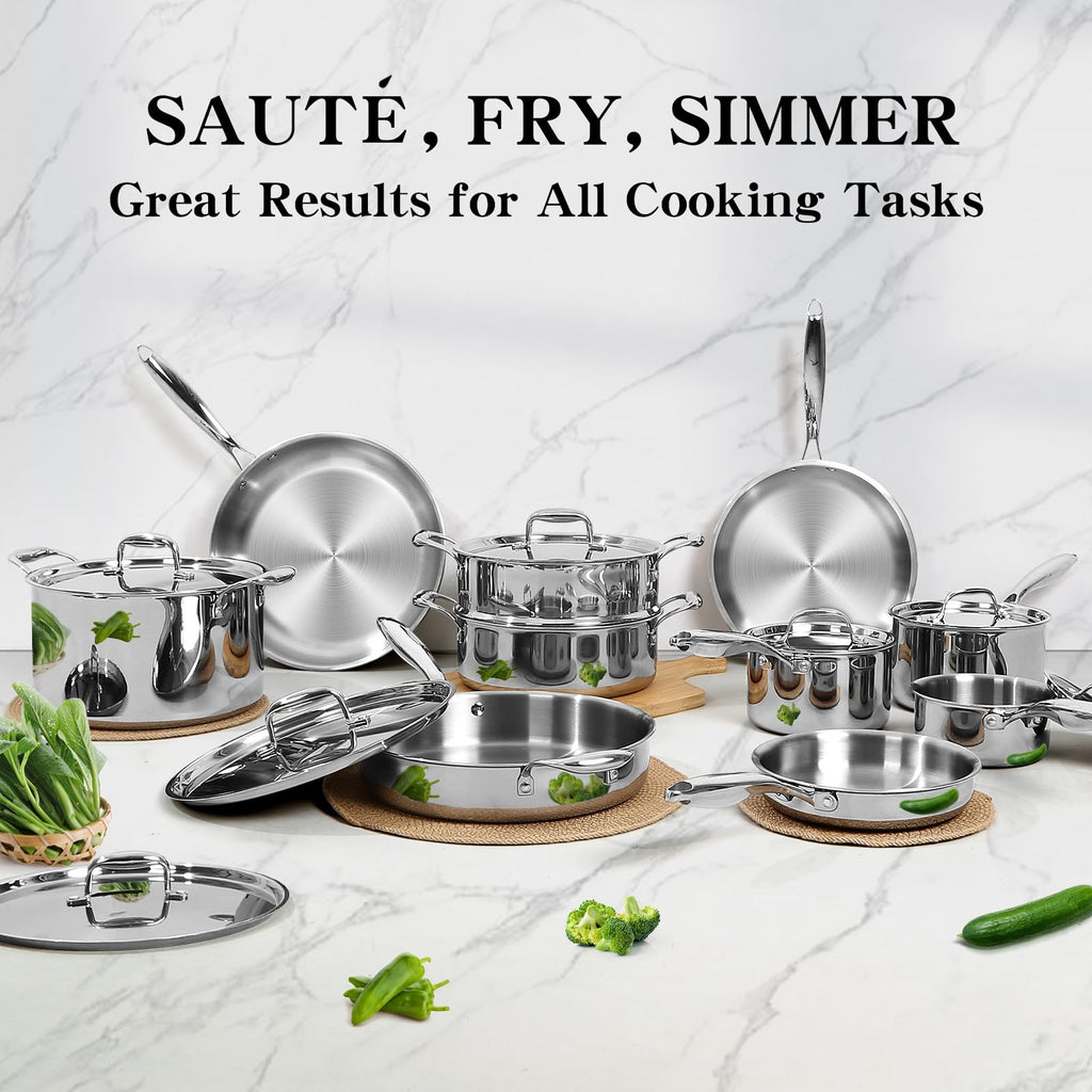 EWFEN Stainless Steel Cookware Set, 3 Ply 17 Piece Stainless Steel Pot and Pan Set, Oven Dishwasher Safe | Induction Compatible Frying Pans, Saucepans, Saute Pan & Stock Pot, PFOA, PTFE & PFOS Free