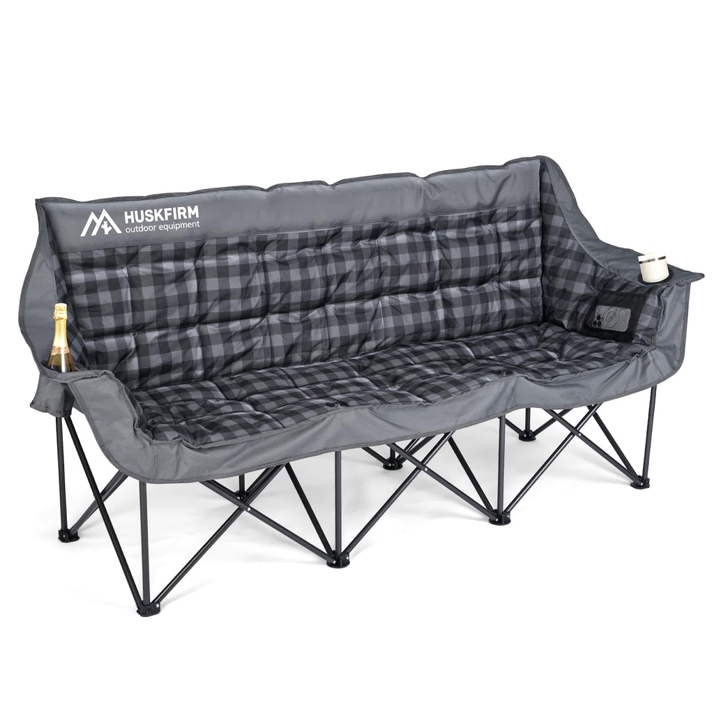 Huskfirm 3 Person Camping Chair Padded Loveseat Camping Chair Folding Camping Couch Portable Double Camping Chairs Heavy Duty Camp Chair for Adults Outdoor Lawn with Two Cup Holders and Carry Bag