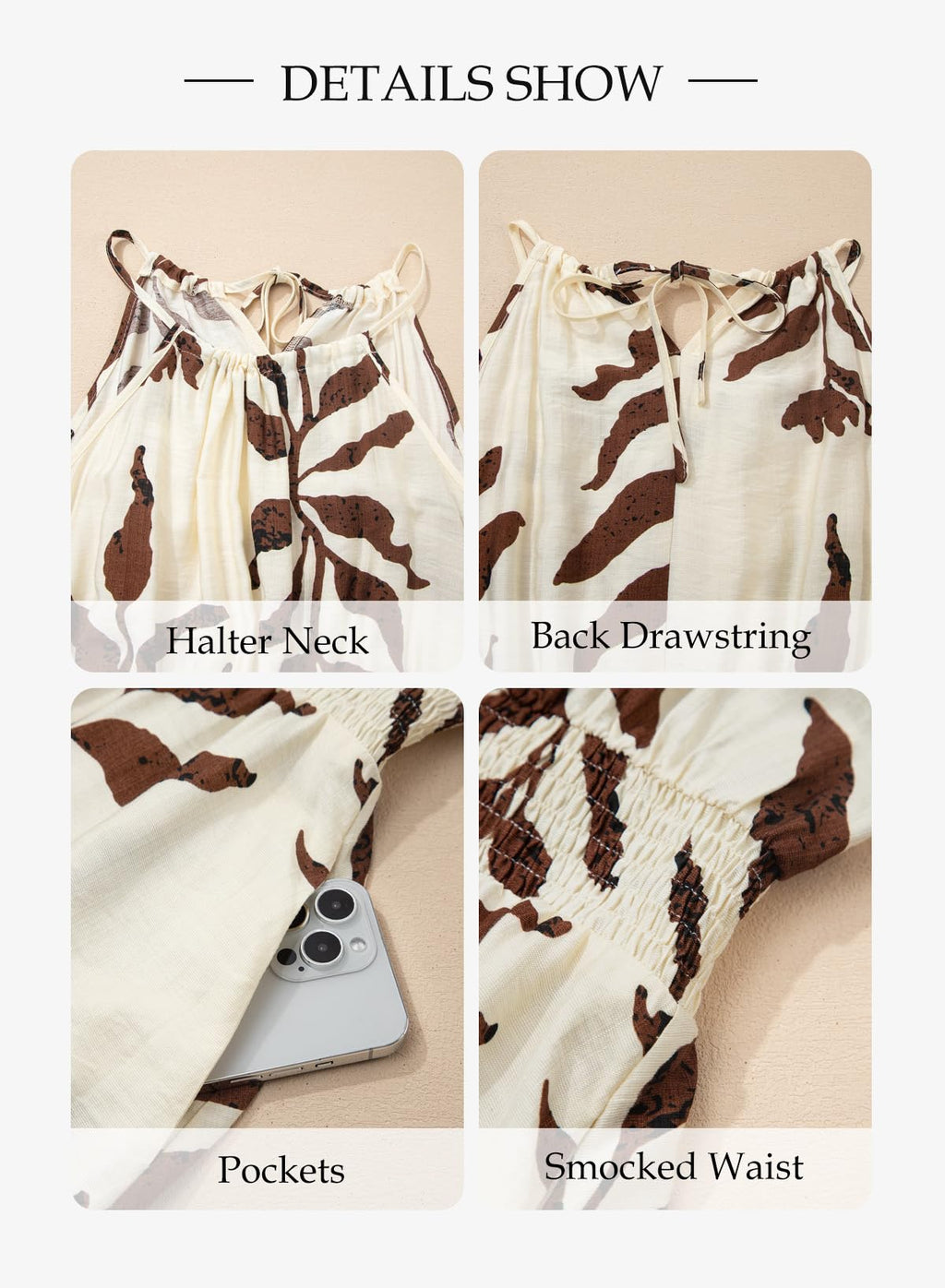 BLENCOT Floral Dress for Women Casual Summer Halter Neck Smocked High Waist A Line Mini Beach Dresses with Pockets Beige Large