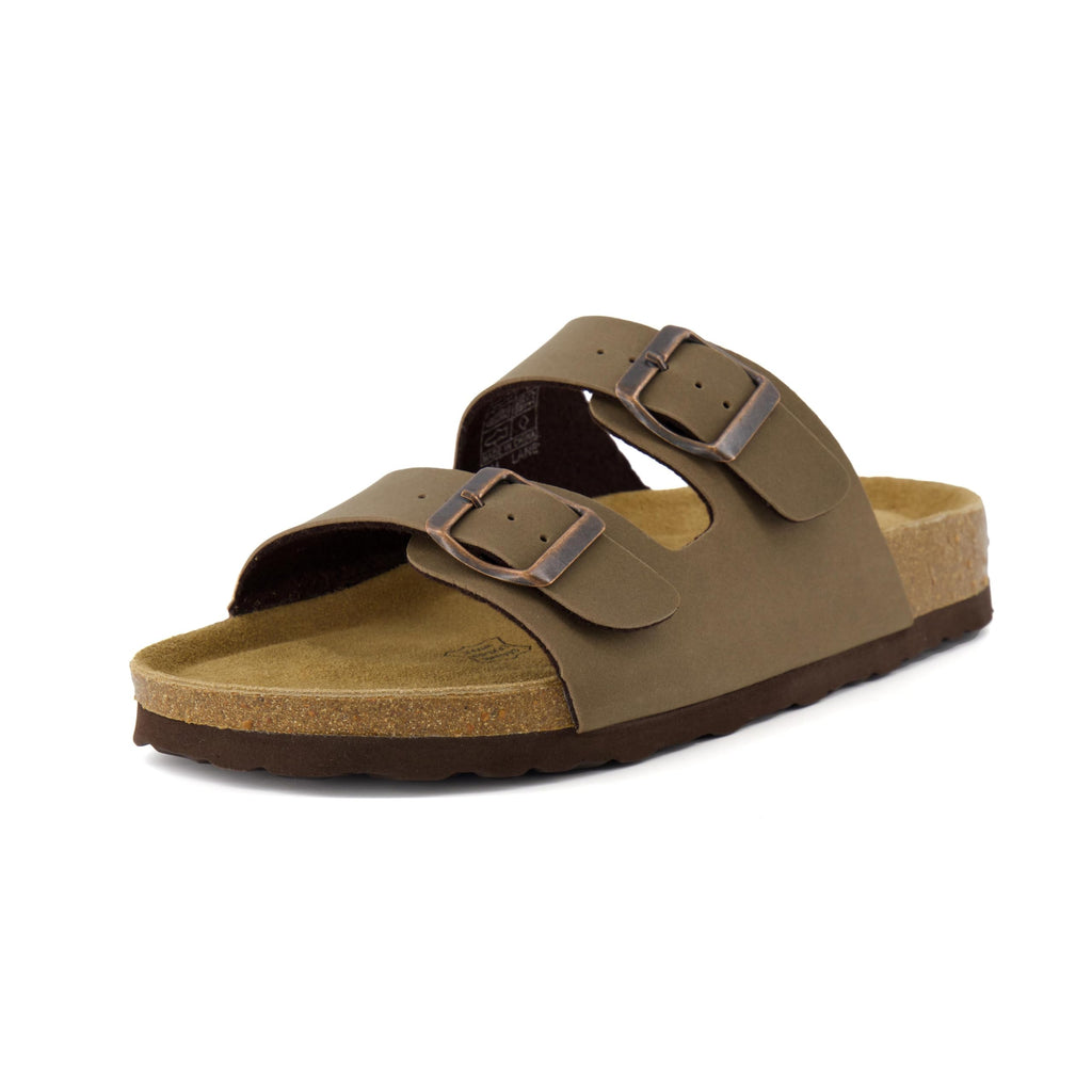 CUSHIONAIRE Lane Cork Footbed Womens Sandals Comfortable Double Buckle Slip On Sandals for Women with Arch Support and Classic Two Strap Design, BROWN 9W