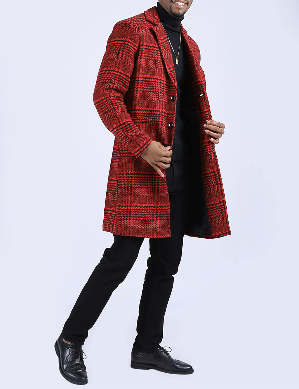 Springrain Men's Wool Blend Pea Coat Notched Collar Single Breasted Overcoat Warm Winter Trench Coat(WineRed-S)