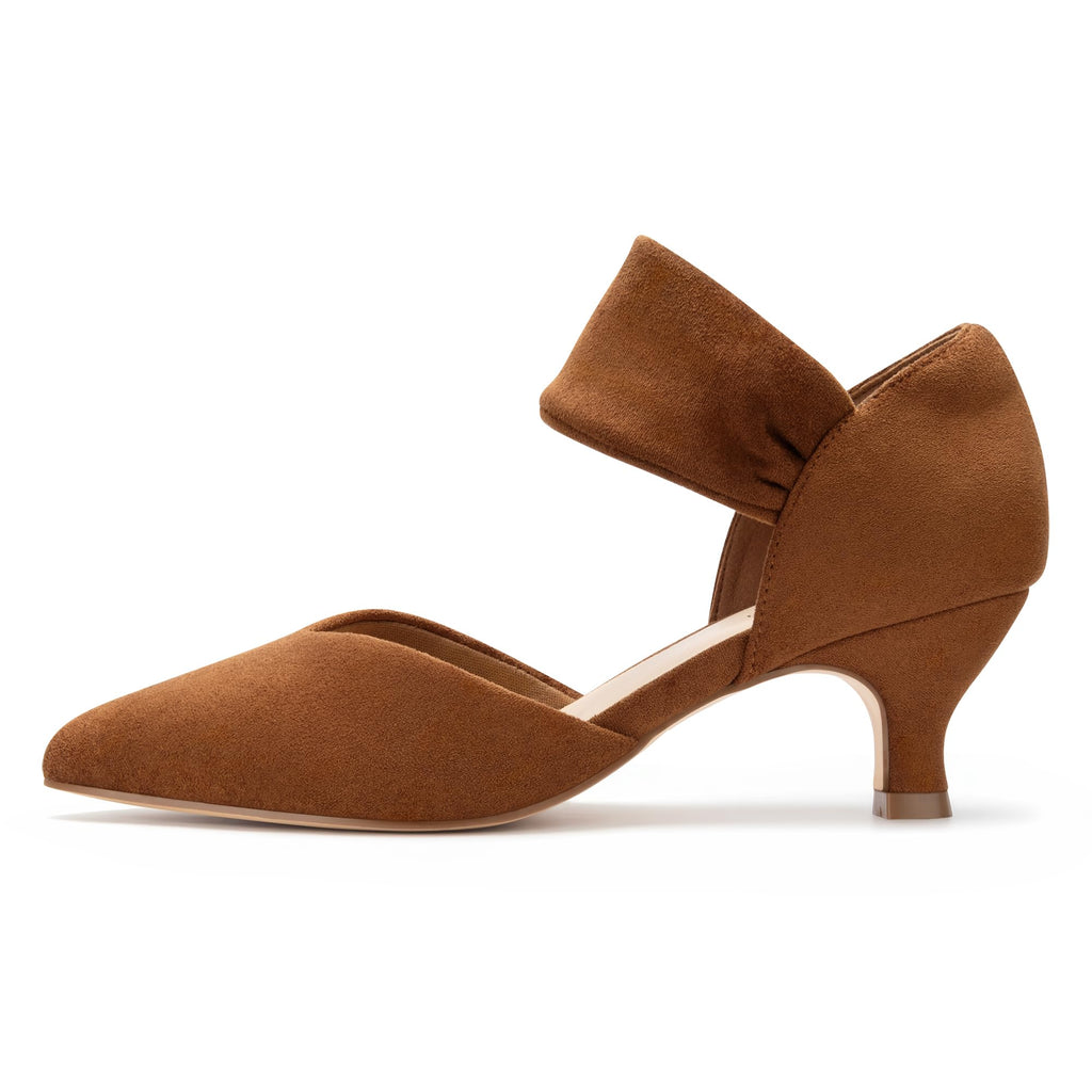 LOOPCHARM Women's Kitten Heels Pointed Closed Toe Slip On Low Pumps Dress Shoes for Wedding Party Work,Brown SU,6