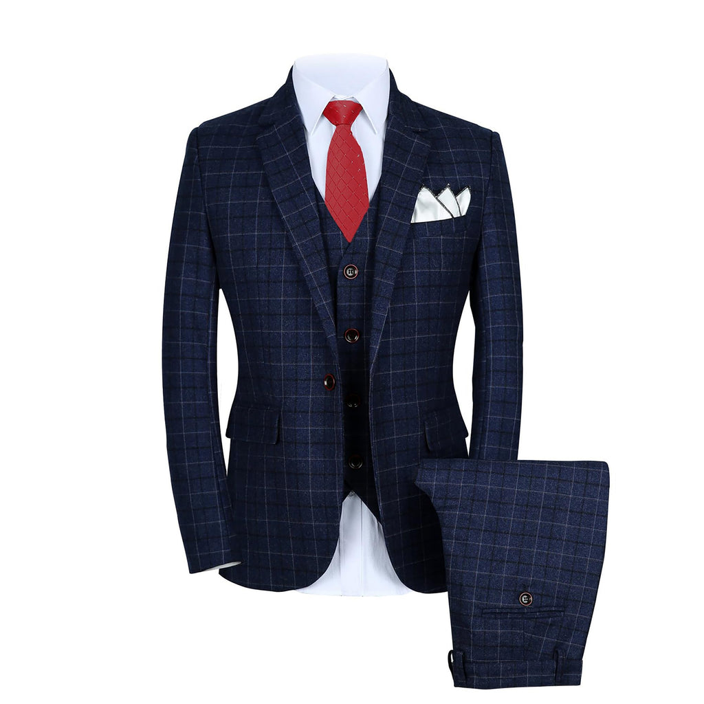 MOGU Mens 3-Piece Slim Fit Plaid Suit - Blazer, Vest, and Pants Set for Wedding, Prom, and Business US Size 44 Jacket and 40 Pants Blue