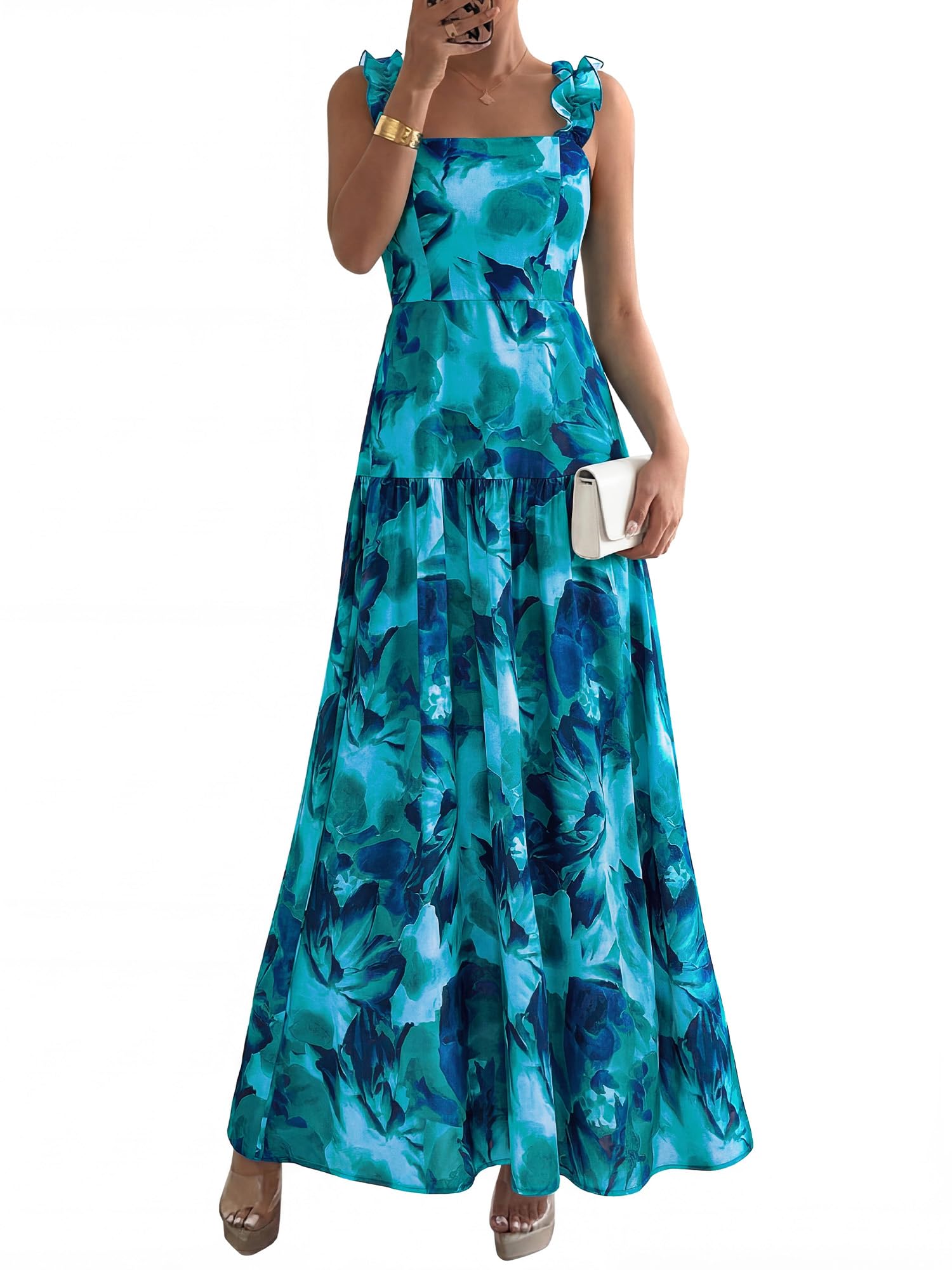 BTFBM Dresses for Women Summer 2026 Formal Sleeveless Smocked Floral Long Wedding Guest Dress Party Spring (Floral Lake Blue,Medium)