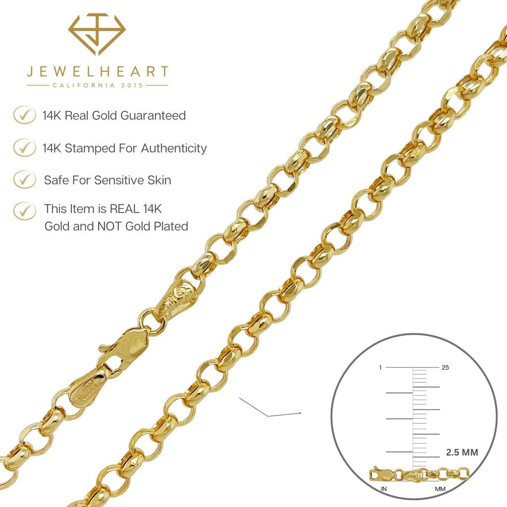 JEWELHEART 14K Yellow Real Gold Rolo Chain 2.5mm Diamond Cut Trendy Round Link Chain Pendant Necklace For Women with Lobster Clasp 24"