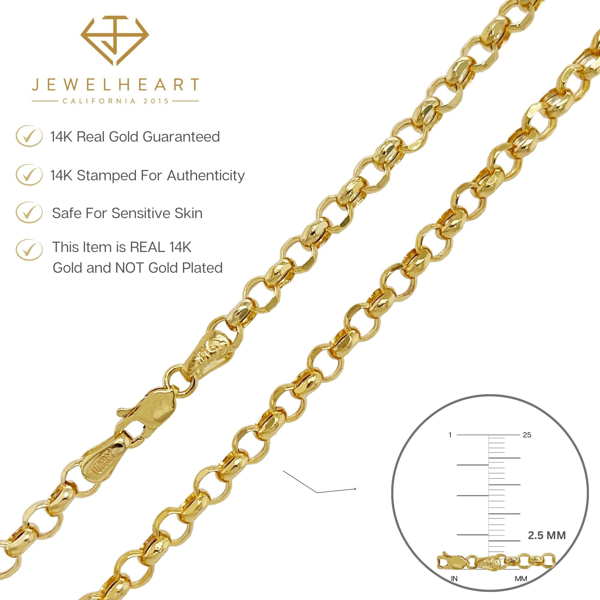 JEWELHEART 14K Yellow Real Gold Rolo Chain 2.5mm Diamond Cut Trendy Round Link Chain Pendant Necklace For Women with Lobster Clasp 20"
