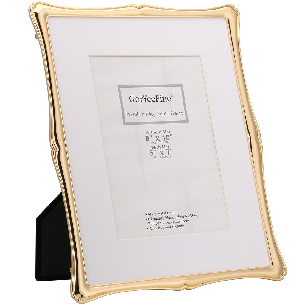 GorYeeFine 8x10'' Premium Alloy Gold Picture Frame with Acid Free Mat 5x7'',Hi-End Décor Metal Frames 5x7'' with Black Velvet Backing for Desktop Display and Wall Decor
