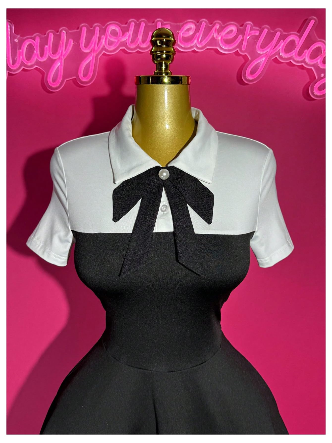 WDIRARA Women's Collared Button Up Short Sleeve Dress Pearl Tie Ruffle Layered Flowy Preppy Dresses Black Large
