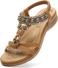 Littleplum Womens Sandals Arch Support Bohemian T-Strap Ankle Elastic Flower Rhinestone Sandals Women's Non Slip Summer Beach Flat Sandals Brown Size 8