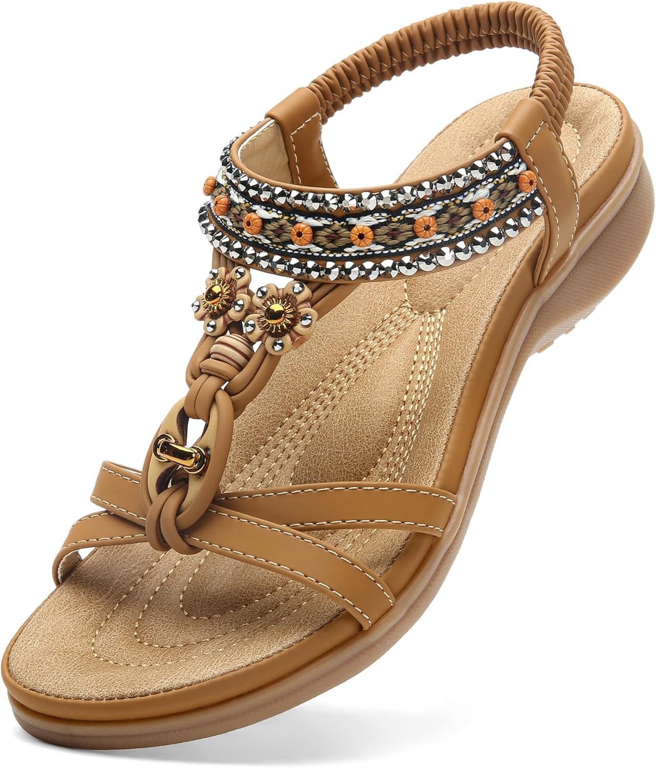 Littleplum Womens Sandals Arch Support Bohemian T-Strap Ankle Elastic Flower Rhinestone Sandals Women's Non Slip Summer Beach Flat Sandals Brown Size 8