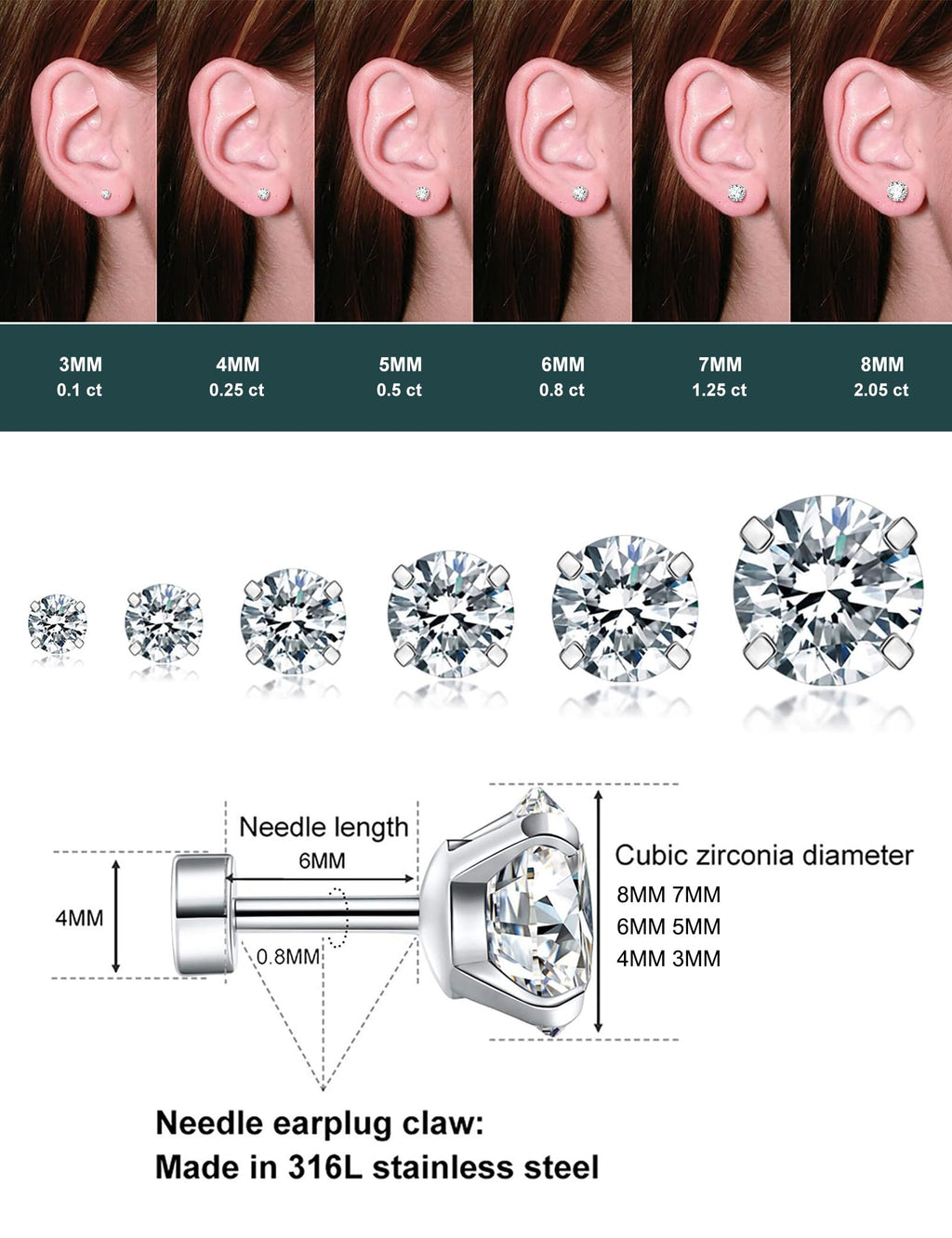 6 Pairs Hypoallergenic Cubic Zirconia Earrings Surgical Steel Flat Back Studs for Cartilage, Screw Back Fashion Jewelry