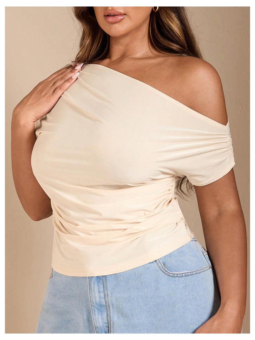 WDIRARA Women's Plus Size Off Shoulder Tee Shirt Ruched Asymmetrical Short Sleeve Tops Apricot X-Large Plus