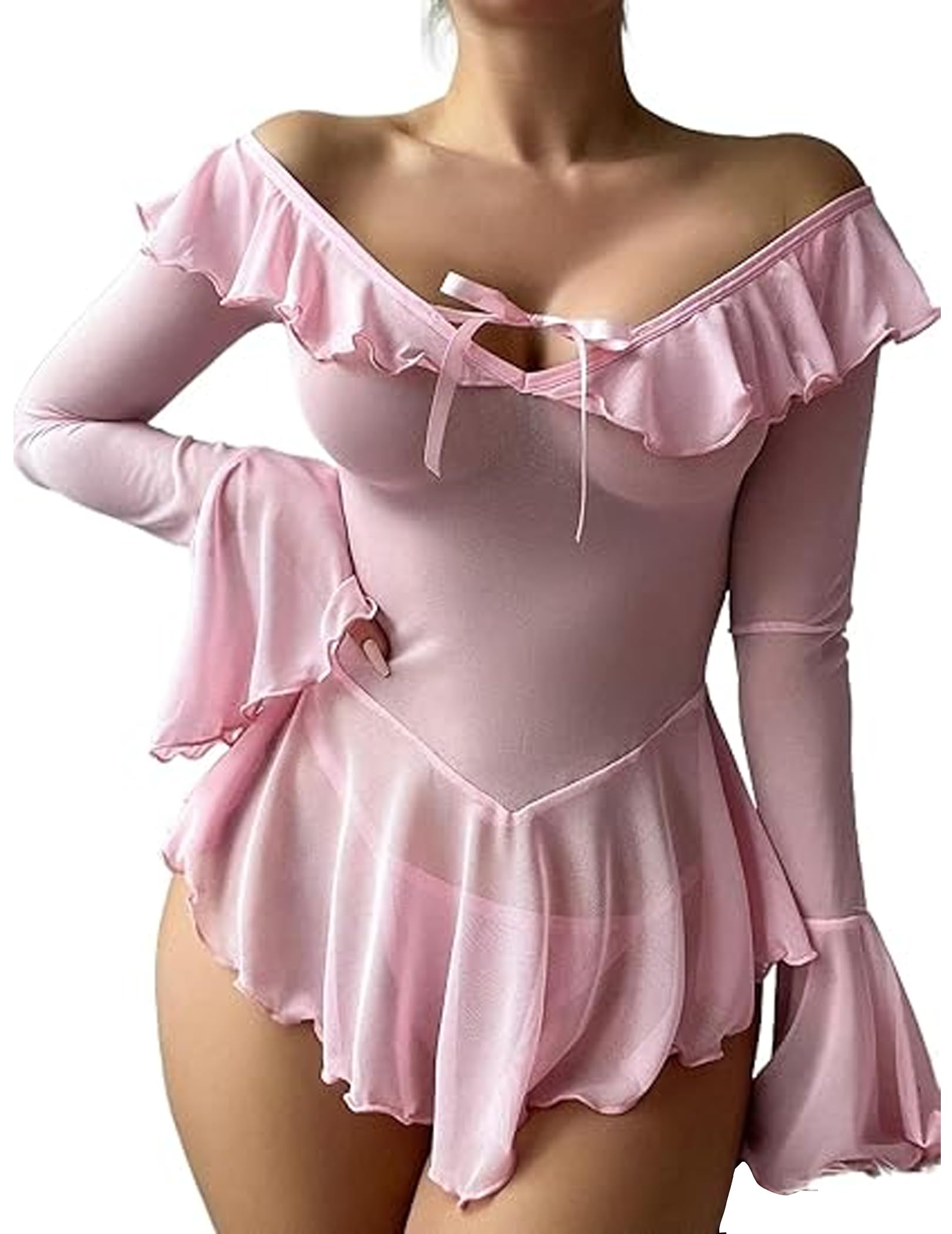 Avidlove Women Lingerie Mesh Babydoll Long Sleeve Lingerie For Women Sexy Outfits For Women (Pink, XX-Large)