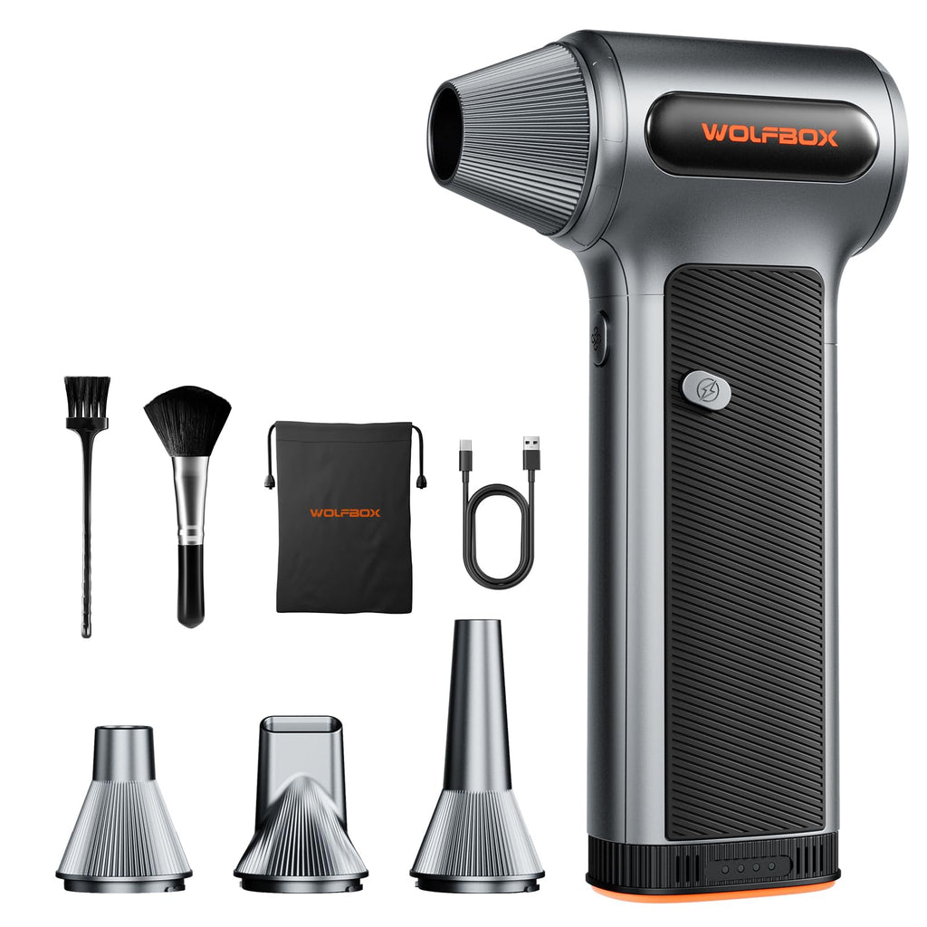 WOLFBOX MF200 Compressed Air Duster with Removable Battery & 4 Nozzles, Cordless 3-Speed Adjustable Mini Blower for Computer Keyboard, Car Cleaning, Home, and Outdoor Use