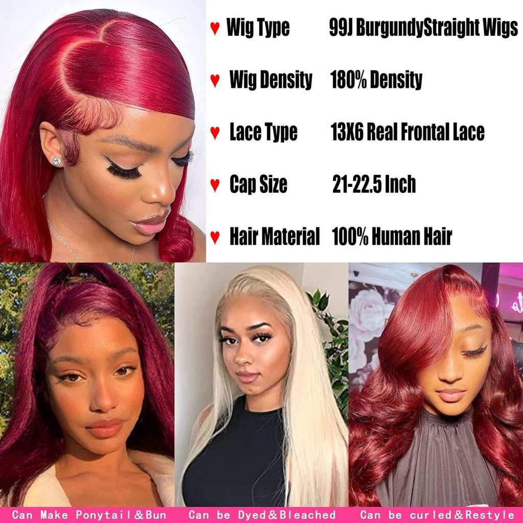Fiumer Burgundy Wig Human Hair 26inch 13x6 HD Transparent Lace Straight 99J Red Human Hair Wig Colored Reddish Brown Lace Frontal Wigs 180% Density Pre Plucked