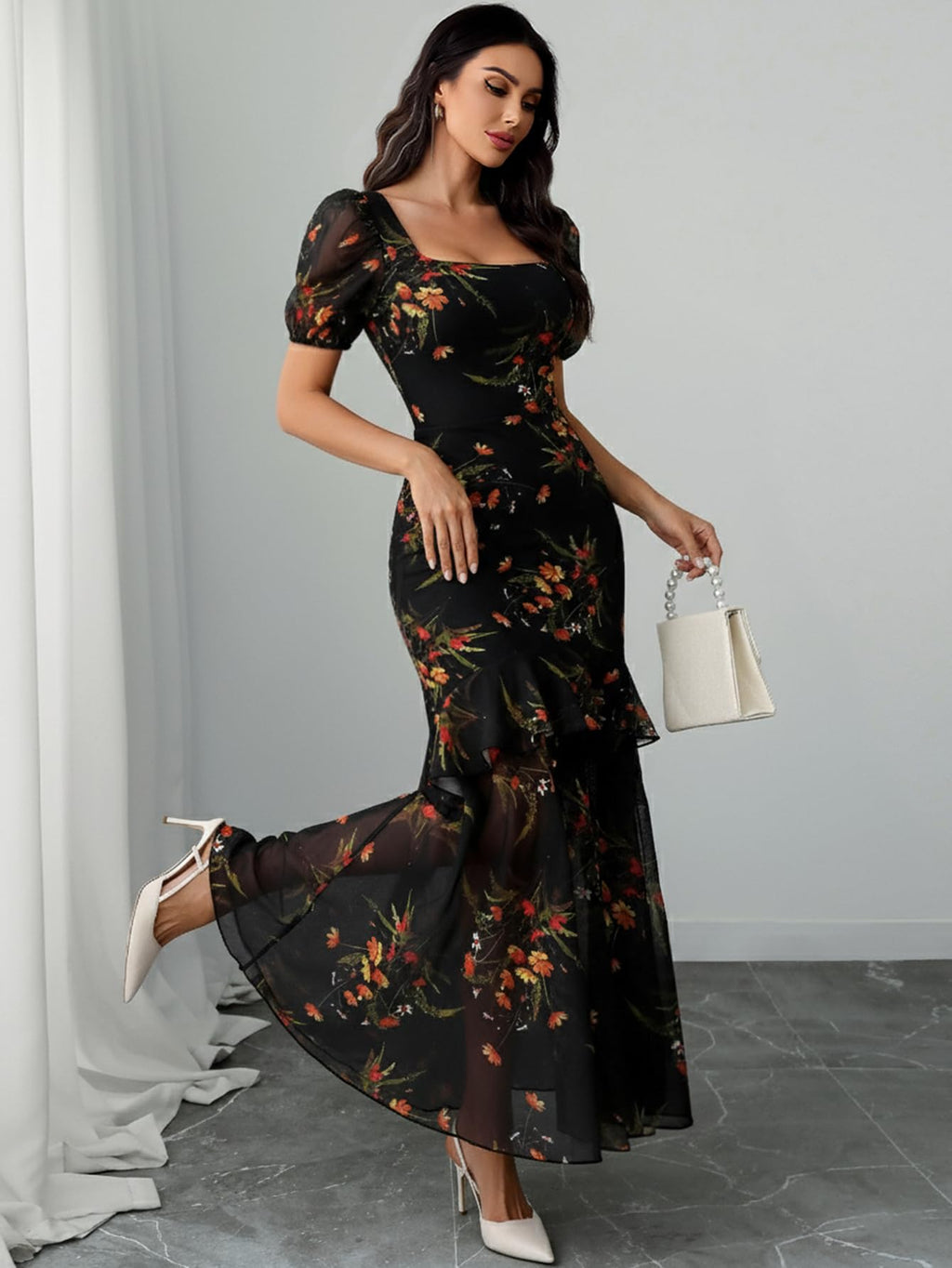 GothDark Cute Dress for Wedding Guest Summer Dresses for Women 2026 Vacation Square Neck Dress Orange Small Fits US Size 4