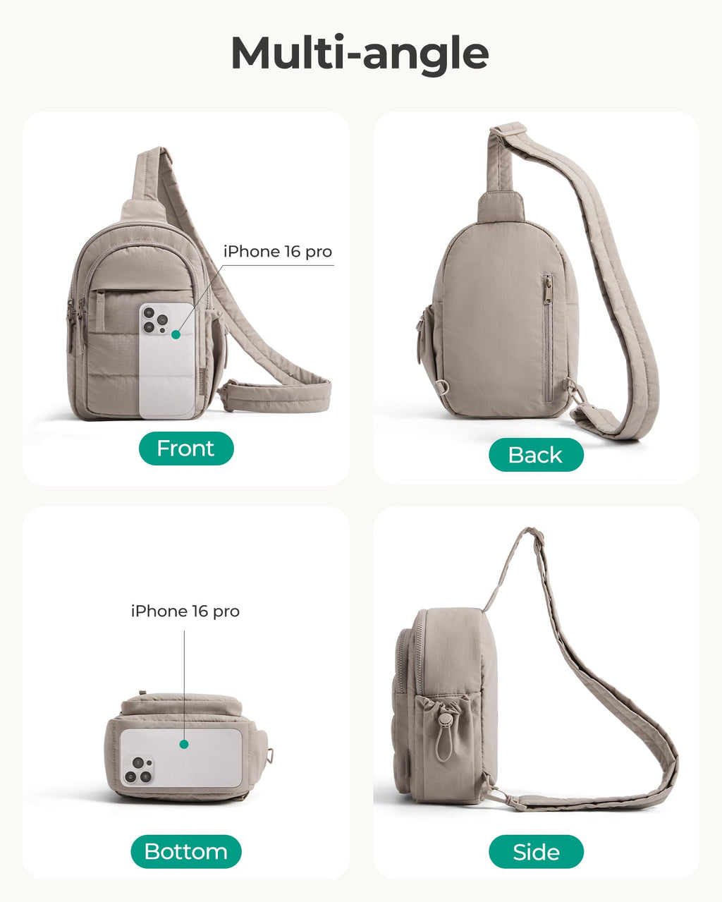 BAGSMART Small Sling Bag for Women, Puffer Crossbody Bag Purses Hobo Handbag Fanny Packs for Travel Hiking, Grey