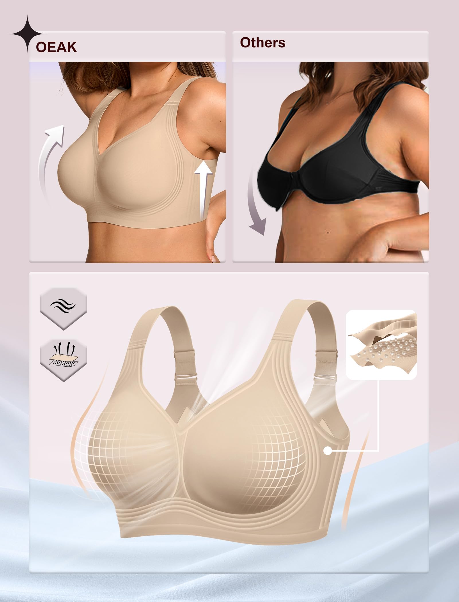 OEAK Womens Wireless Jelly Bra Plus Size Supportive Seamless Bras Full Coverage Push Up Comfortable No Underwire Tshirt Bras Creamy Beige XXL