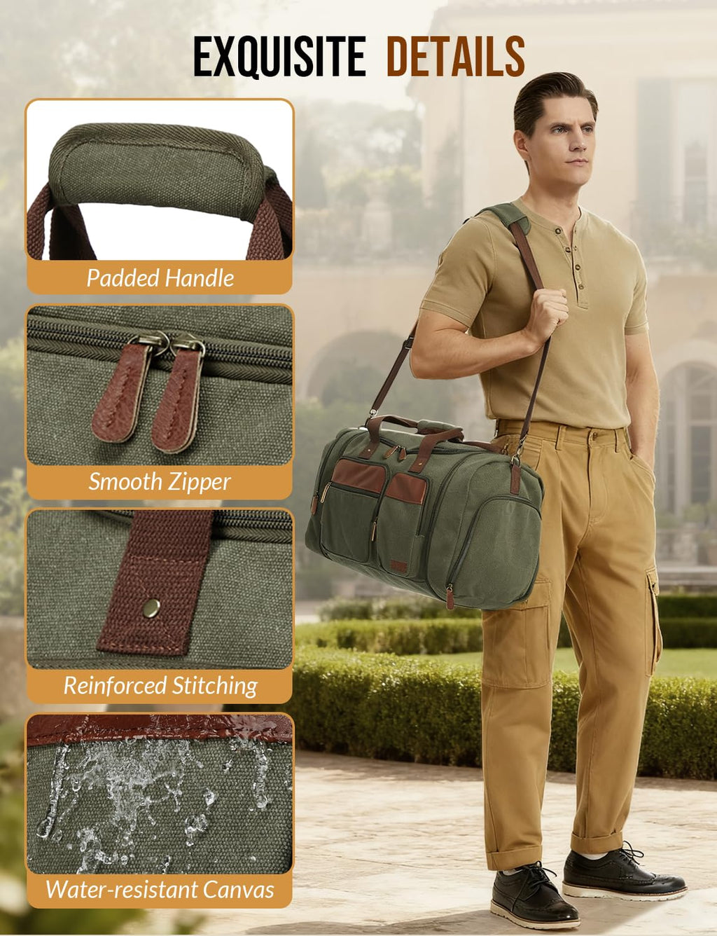 Celvetch Canvas Duffle Bag for Travel 50L Expandable Travel Duffel Bags for Men Women Overnight Weekend Gym Bag with Shoes Compartment - Army Green