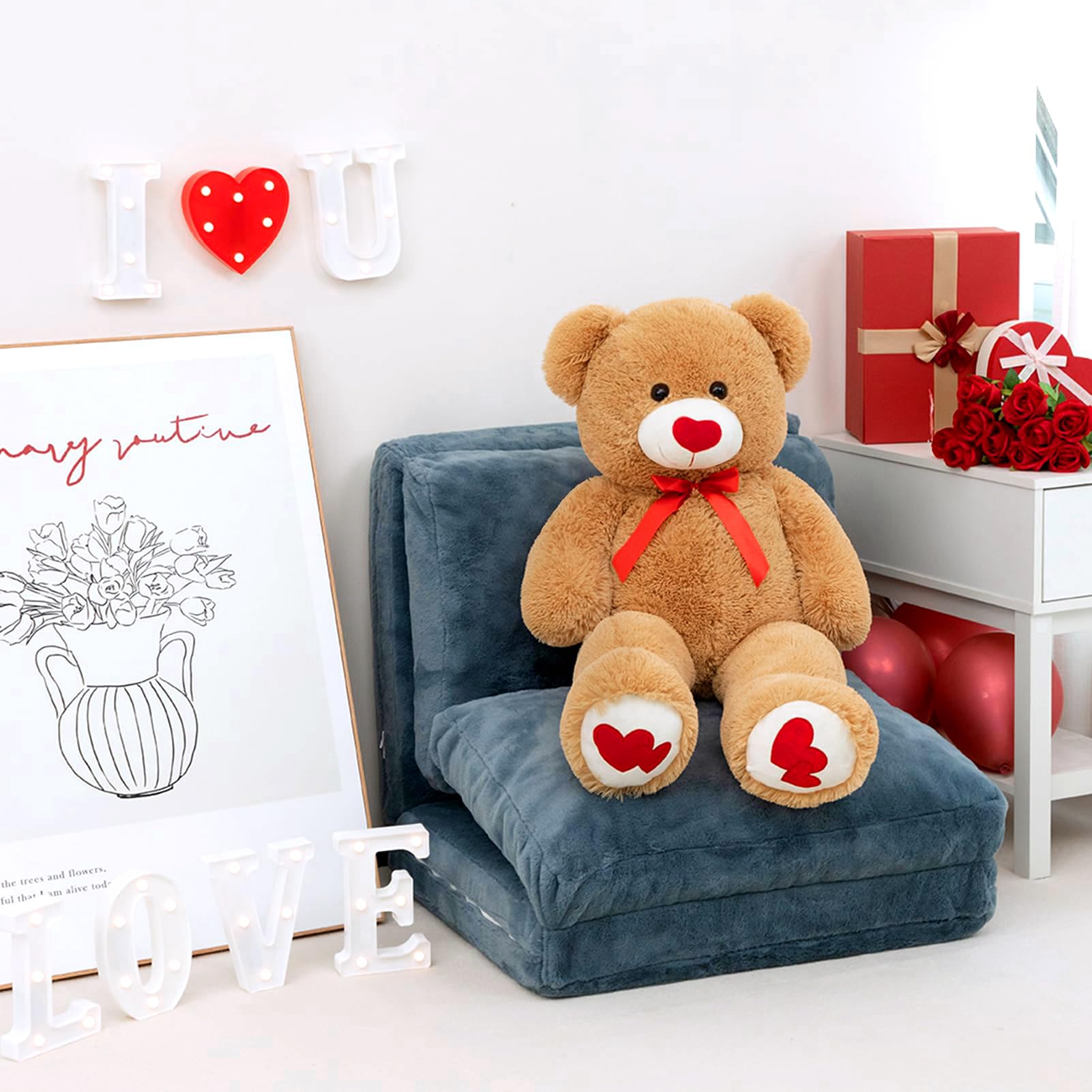 HollyHOME Big Teddy Bear Stuffed Animal Valentines Large Bear Plush with Red Heart for Girlfriend and Kids Valentines 36 inch Tan