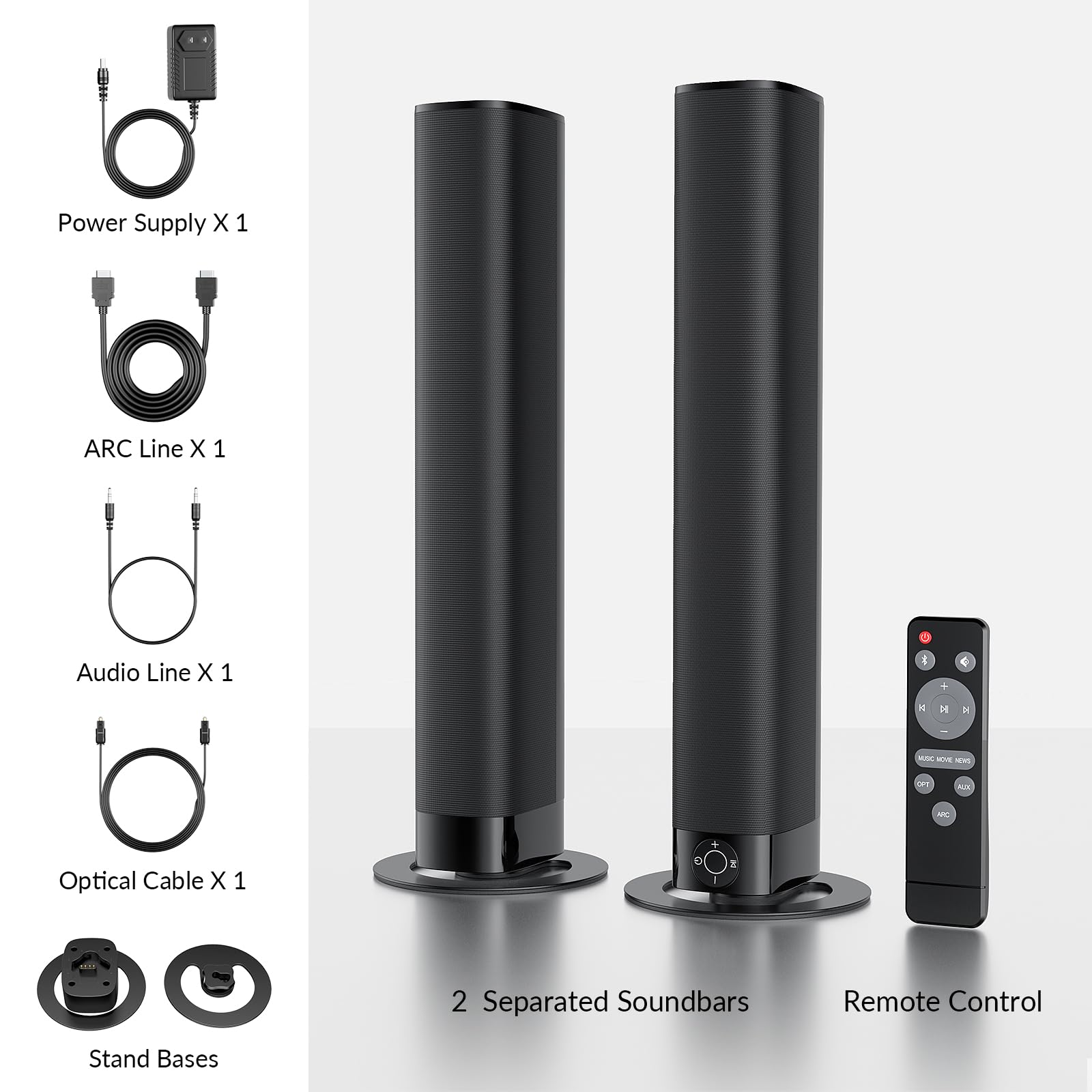 Assistrust Sound Bar for Smart TV, Soundbar with Bluetooth/ARC/Opt/AUX Connect, Auto Volume Boost, 3 Equalizer Modes, 2 in 1 Detachable Soundbar for TV/PC/Gaming/Projectors